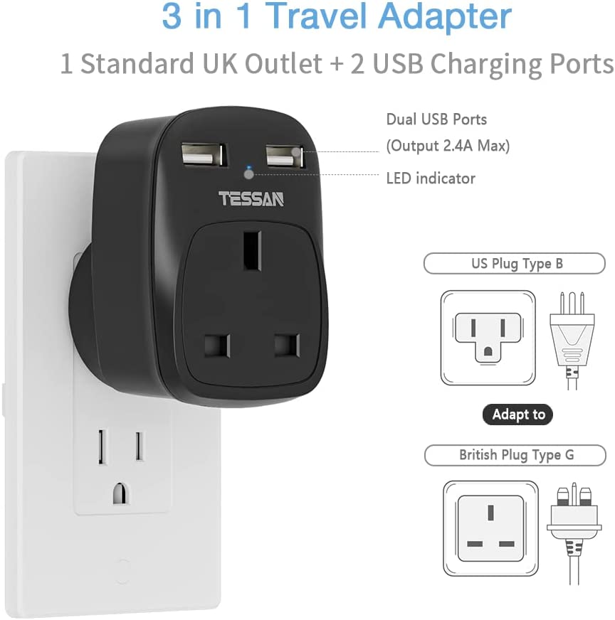 UK to USA 3 in 1 Travel Adapte with 2 USB