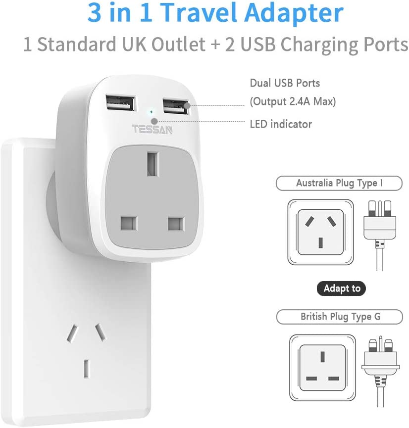 UK to Australia Adapter with 2 USB Ports