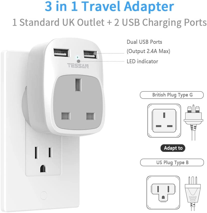 UK to USA Plug Adapter with 2 USB 3 Pack