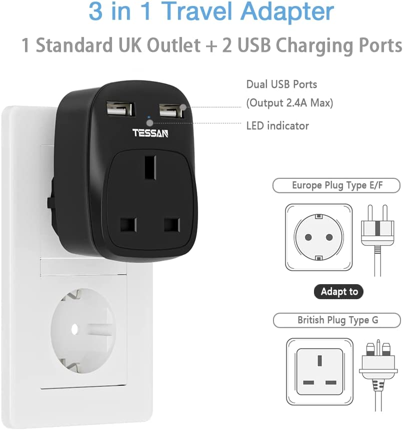 UK To European Travel Adapter with 2 USB Ports