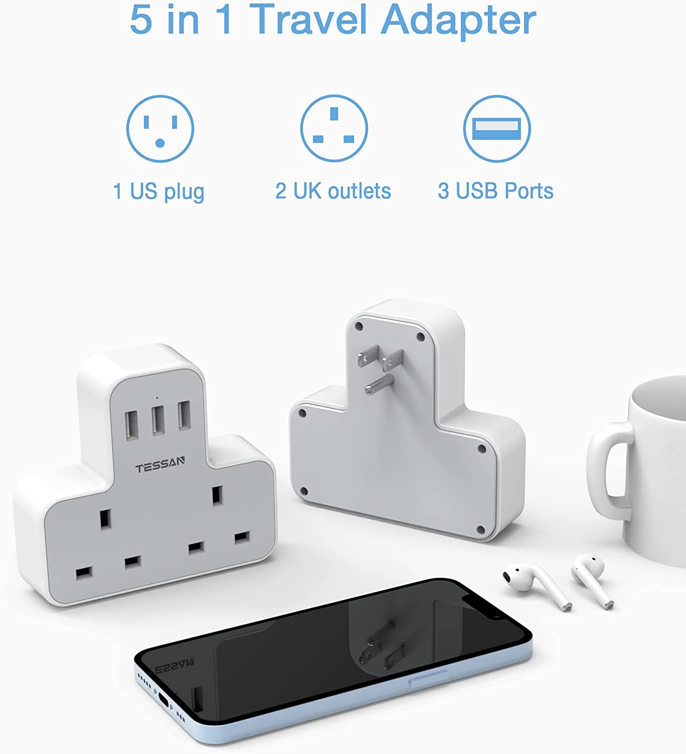 UK To USA Travel Adapter with 2 AC outlets 3 USB Ports