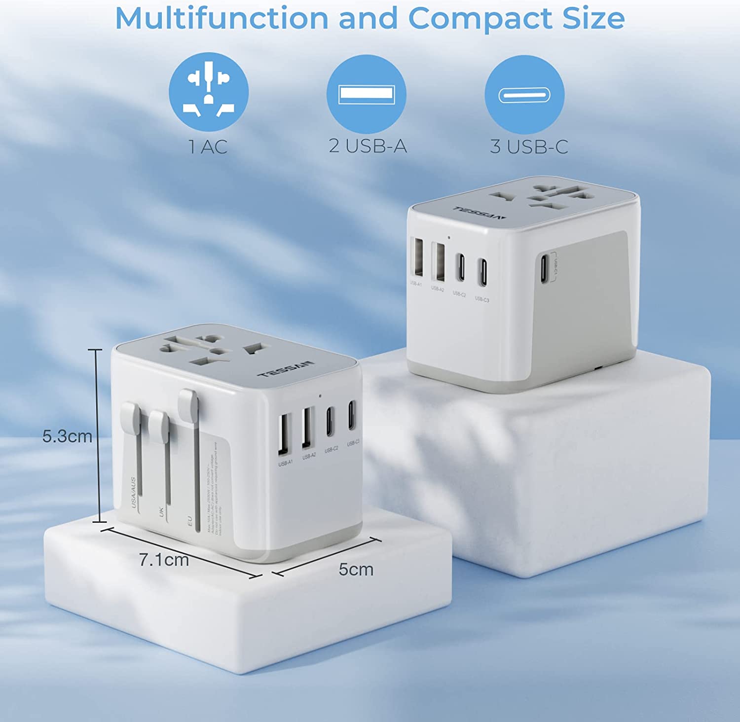 Worldwide Travel Plug Adaptor with 1 AC outlet 5 USB Ports