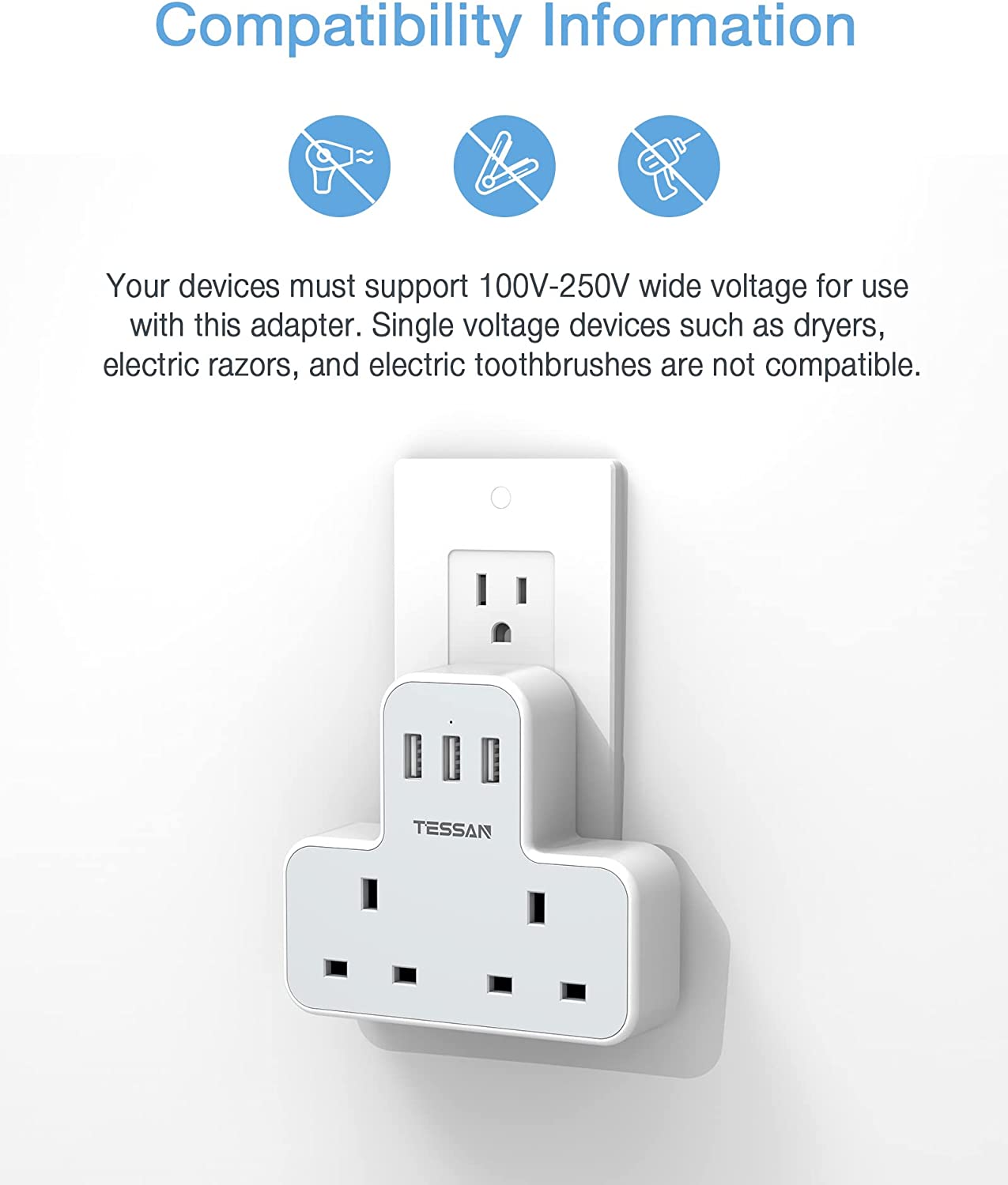 UK to US Plug Adaptor 2 Pack USA Travel Adapter with 3 USB