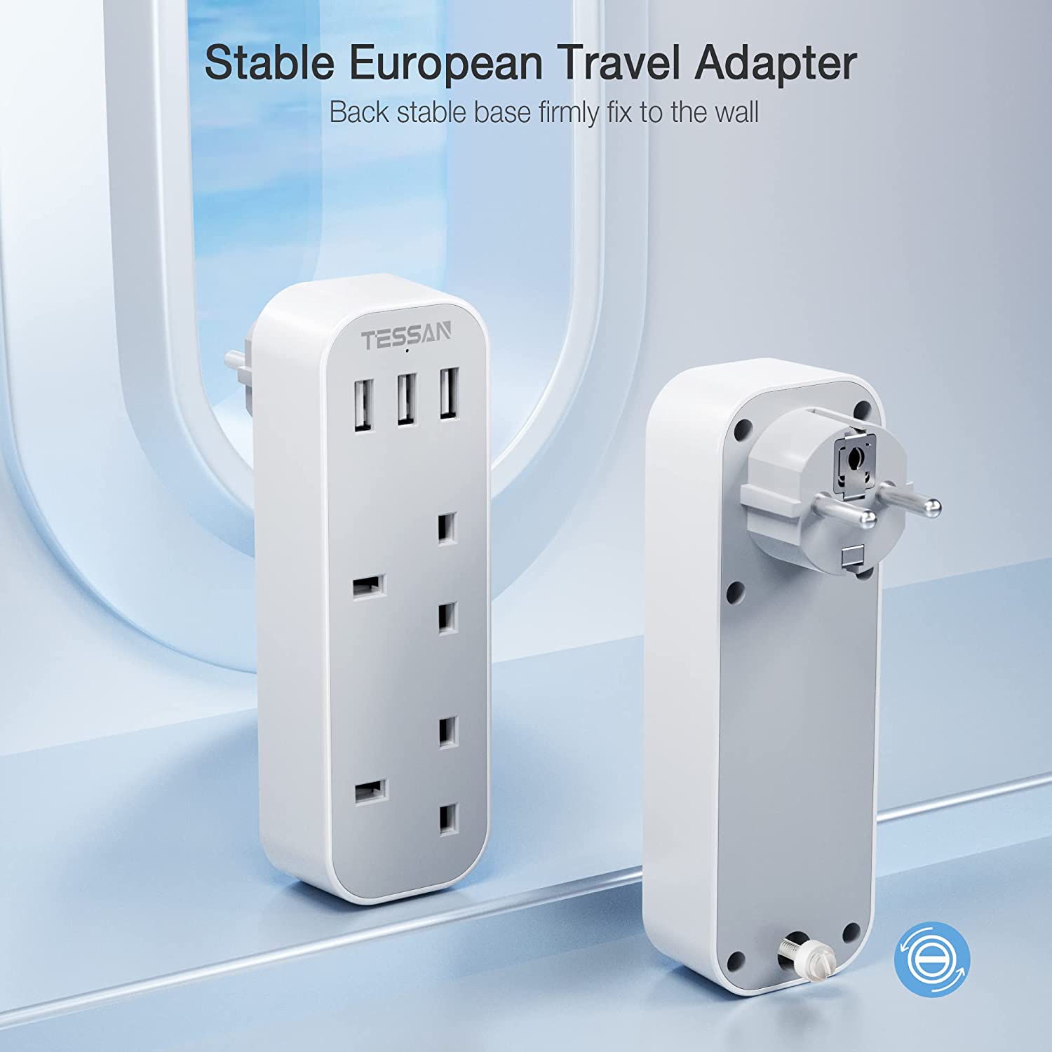 UK to European Plug Adapter with 3 USB 2 AC outlets