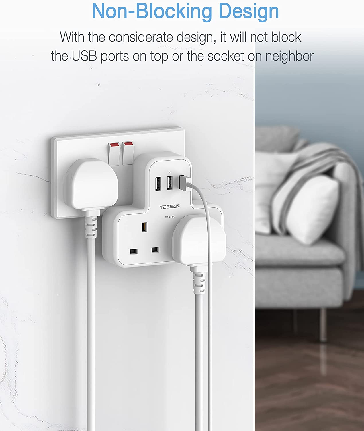 Multi Plug Extension 2 Way Plug Adapter 3 USB ports