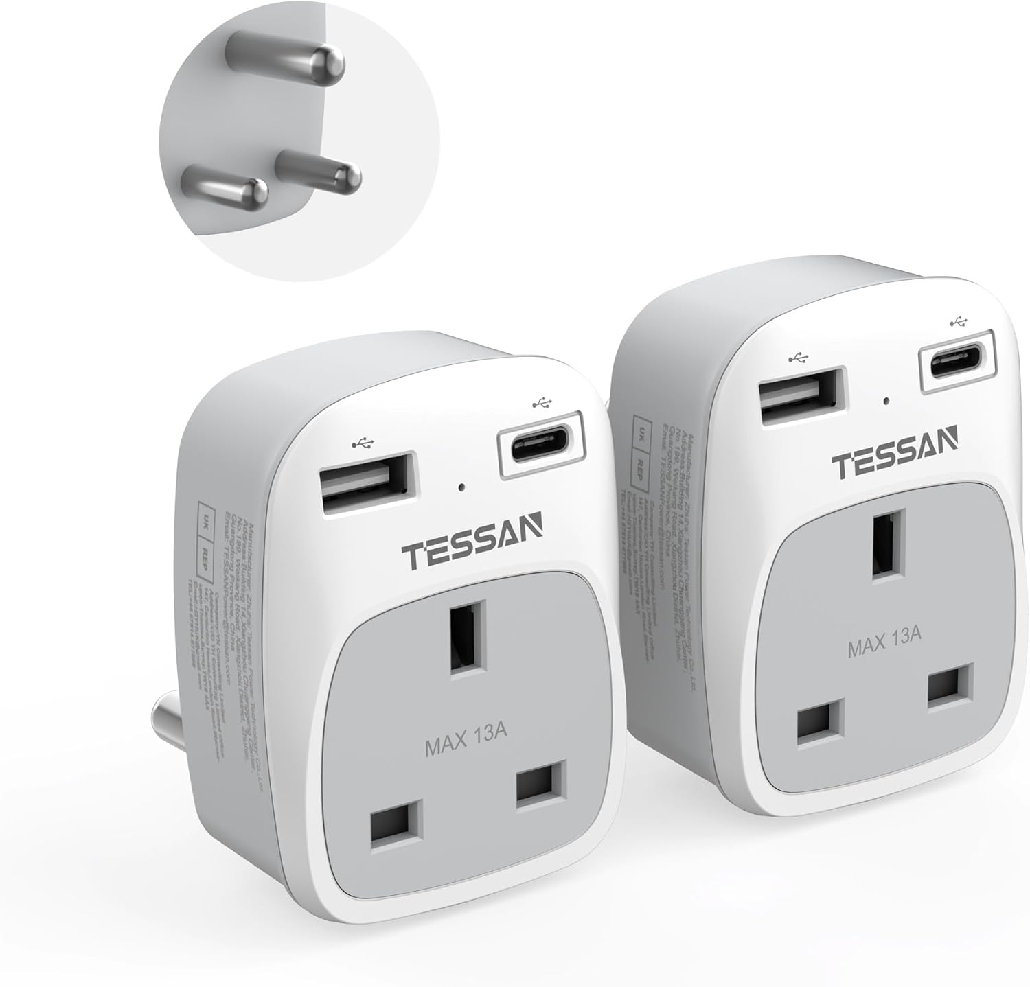 TESSAN UK to South Africa USB Adapter 2-Pack