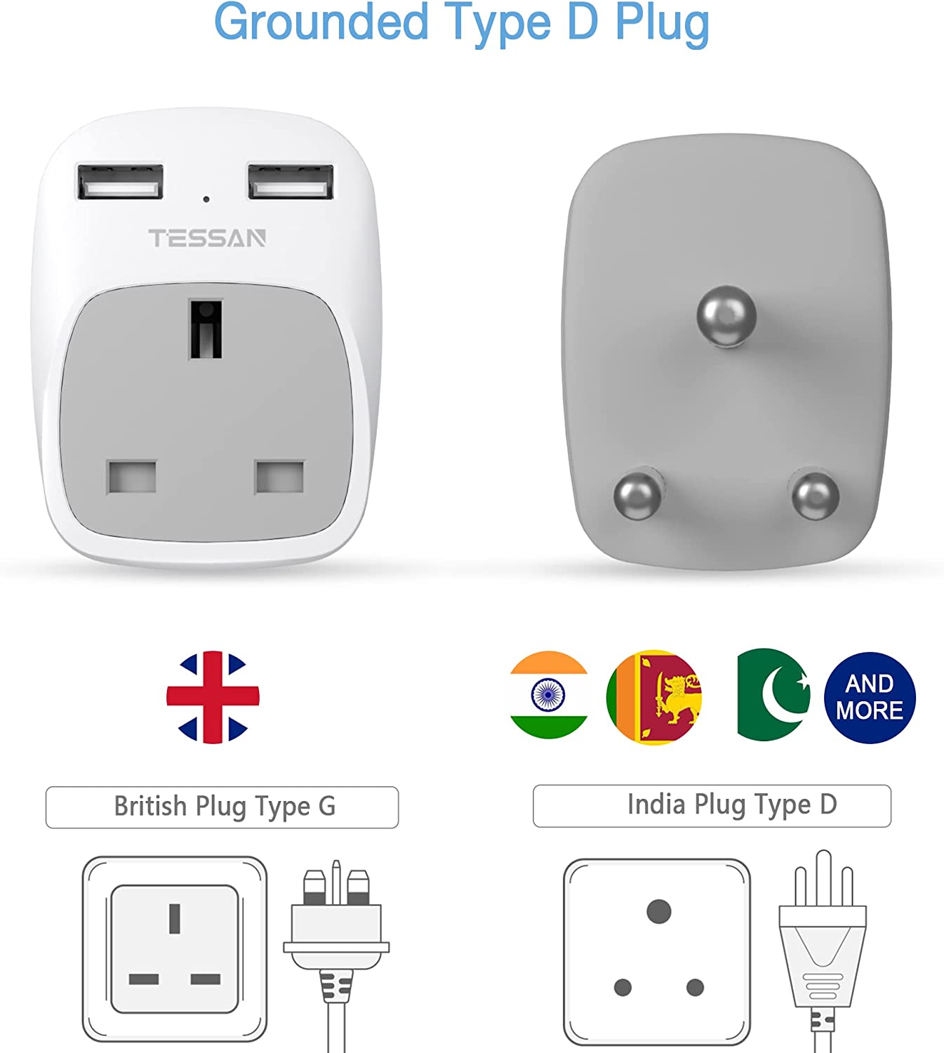 UK to India Travel Adapter 1 outlets and 2 USB ports