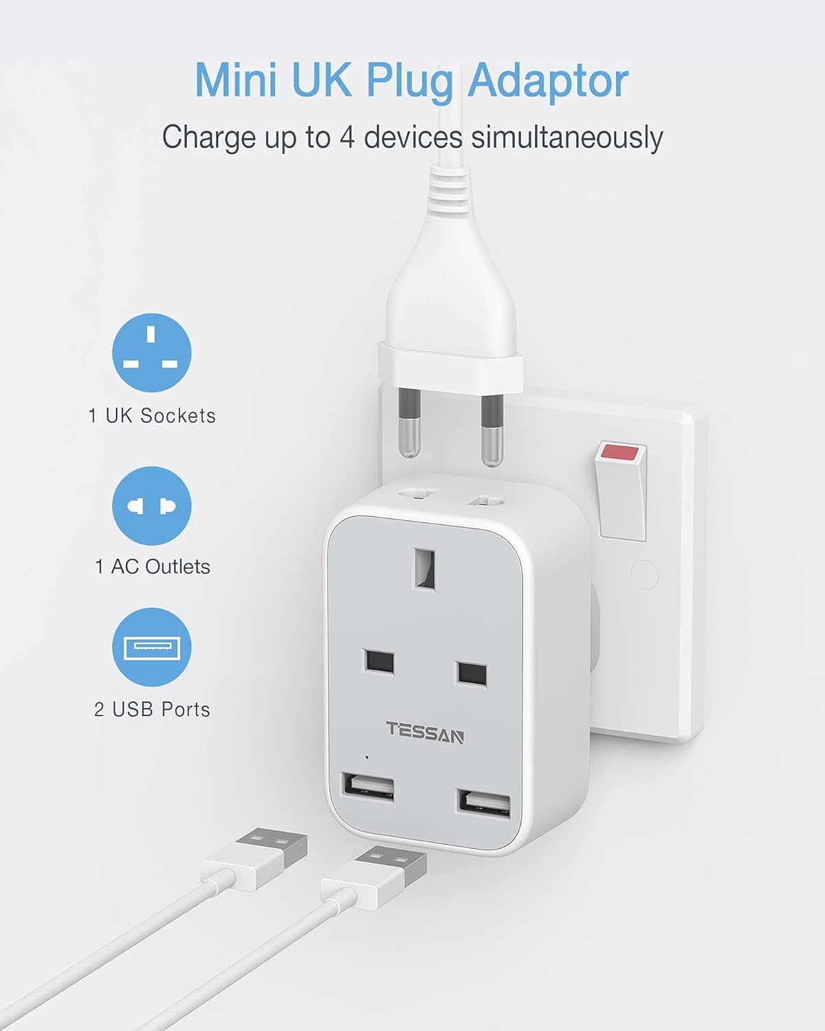 TESSAN 2-Pin Plug Adapter with Dual USB Ports