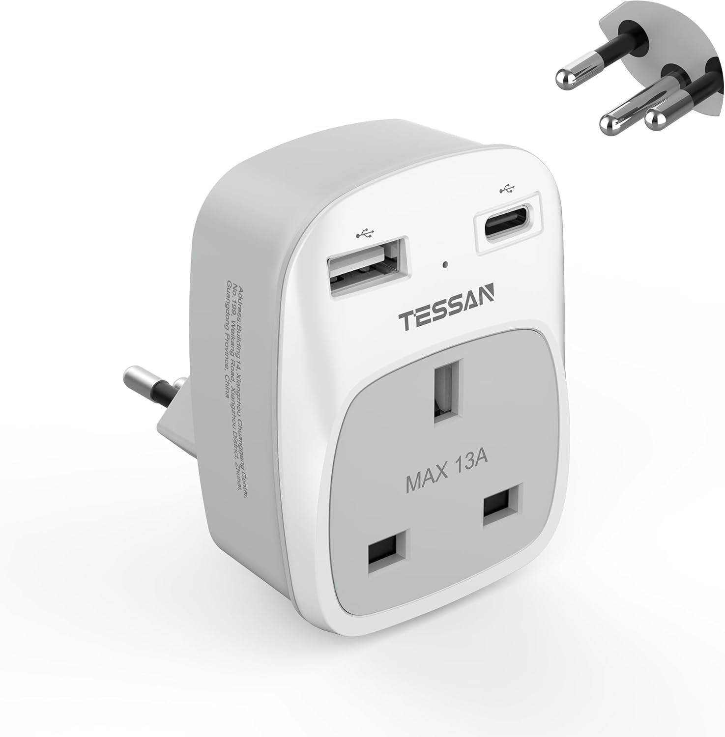 TESSAN 3-in-1 UK to Switzerland Adapter with USB-C