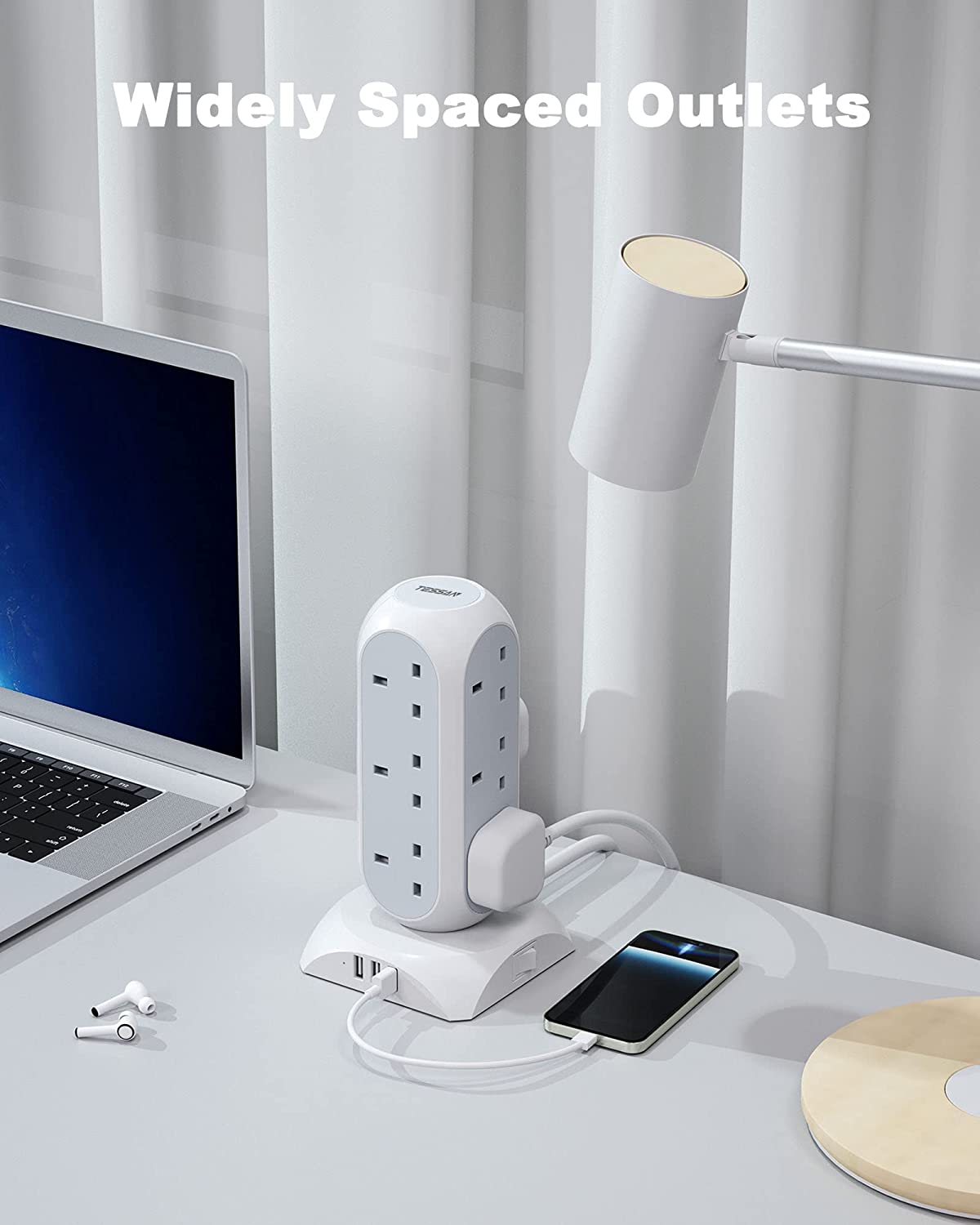 Tower Plug Extension12 Way Multi Plug Socket 3 USB Ports with 2M Cable
