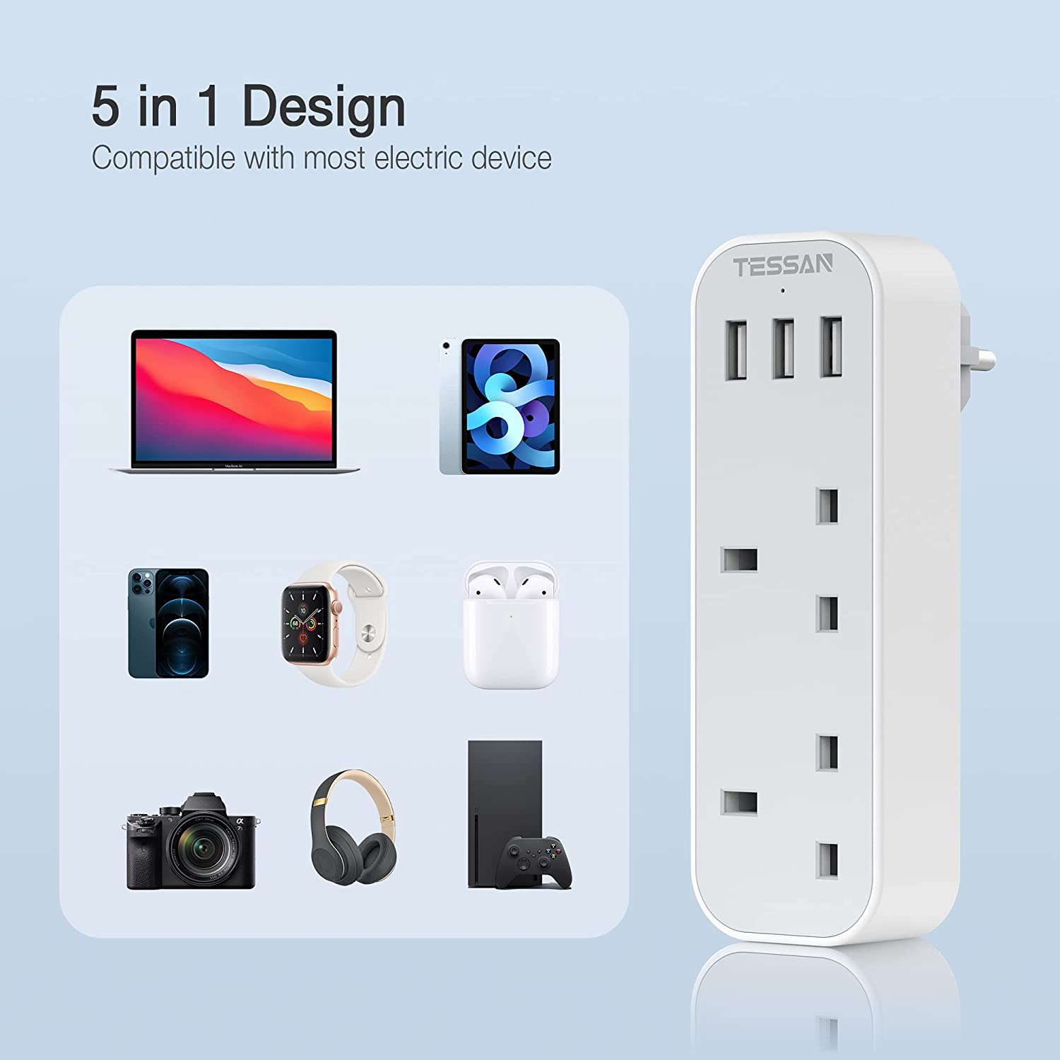 UK to European Plug Adapter with 3 USB 2 AC outlets