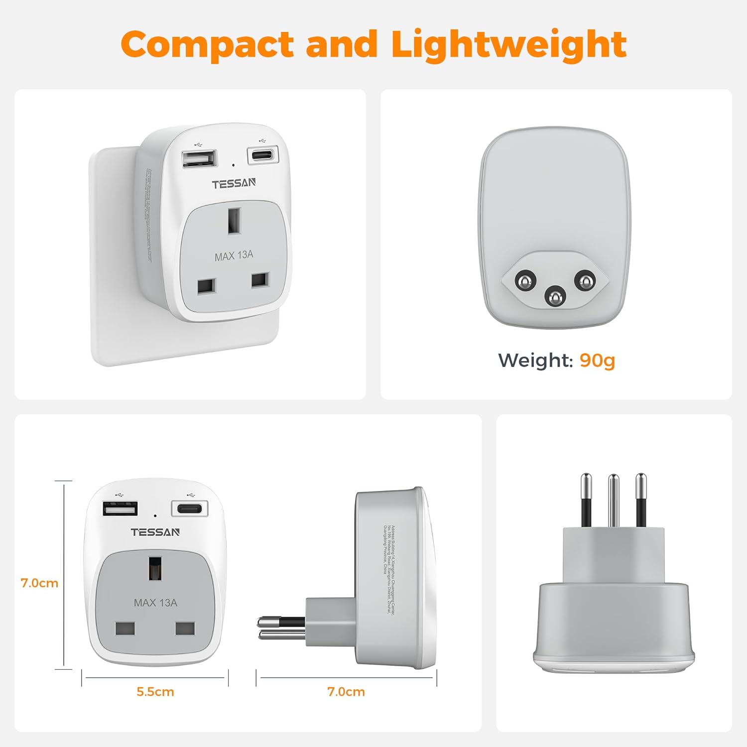 TESSAN 3-in-1 UK to Switzerland Adapter with USB-C