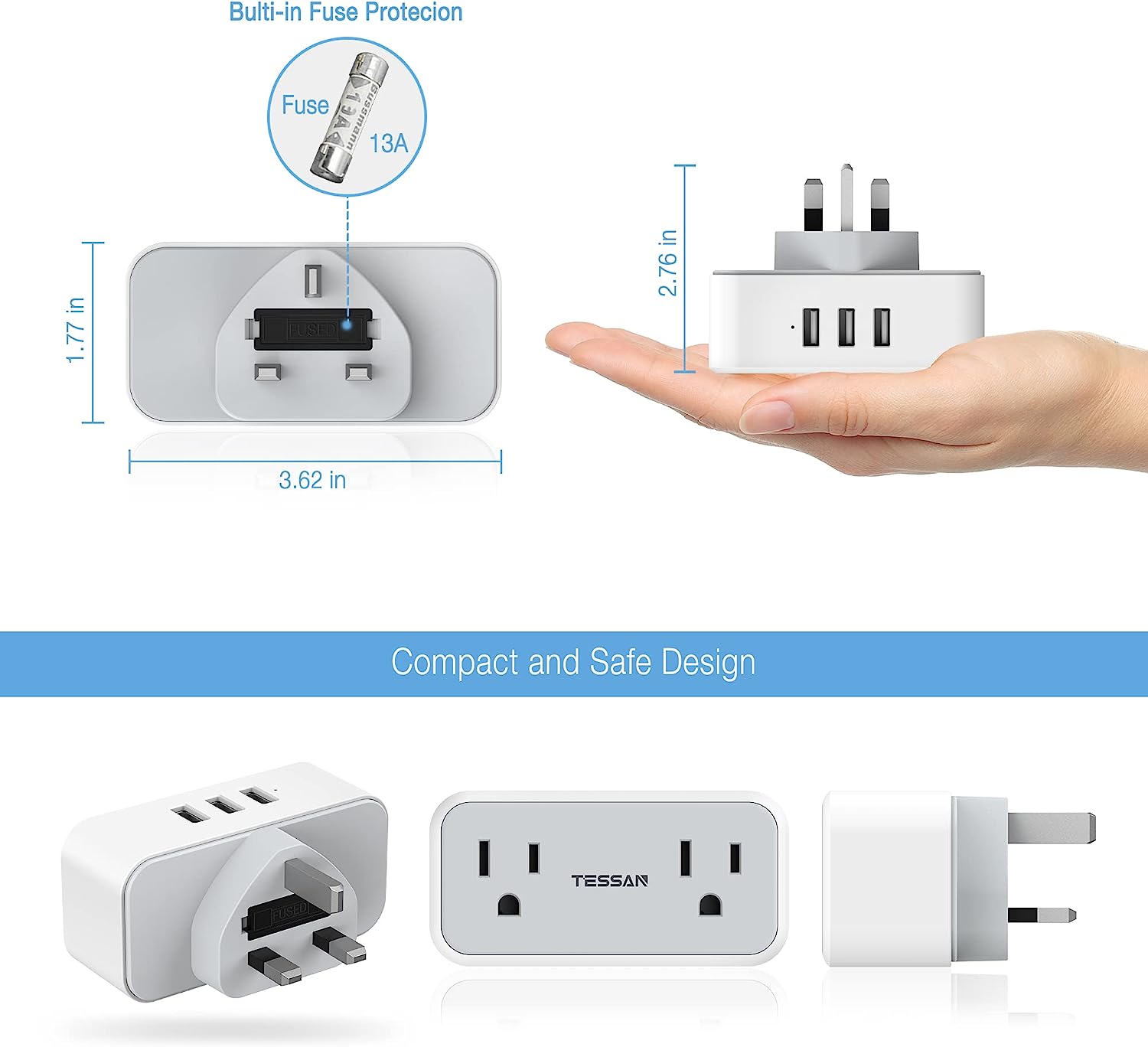 US to UK Plug Adapter 2 AC outlets 3 USB ports