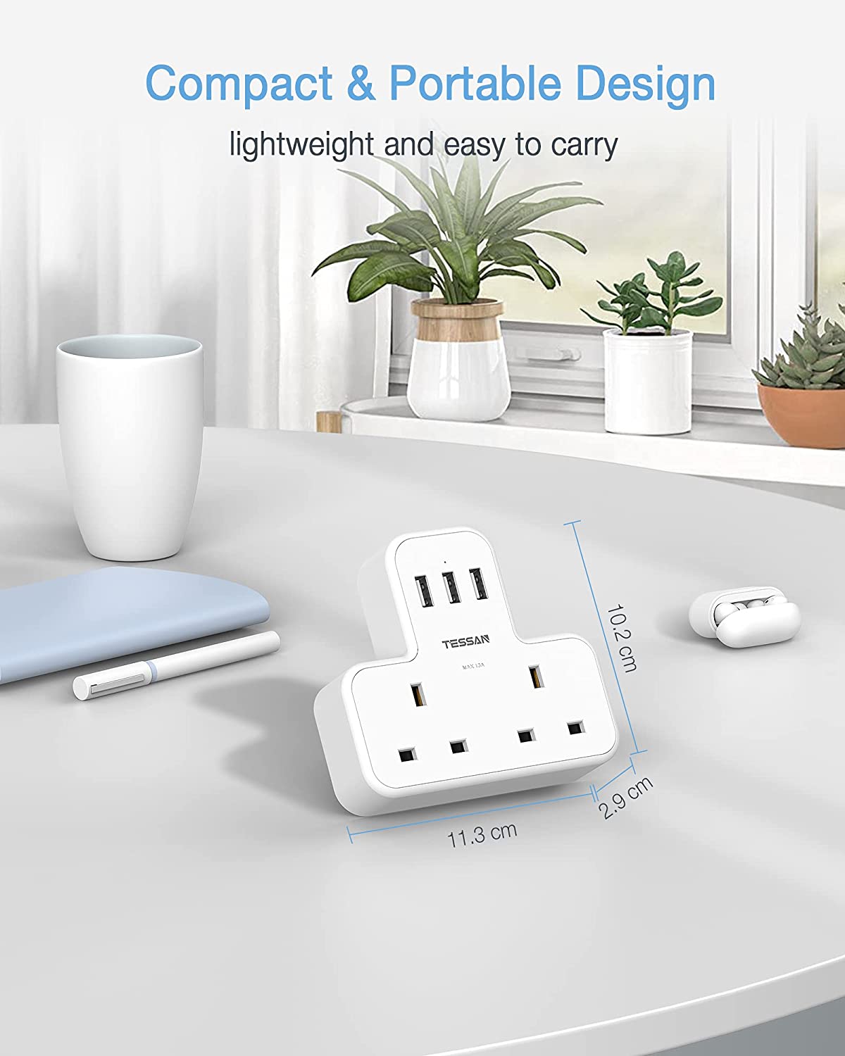 Multi Plug Extension 2 Way Plug Adapter 3 USB ports
