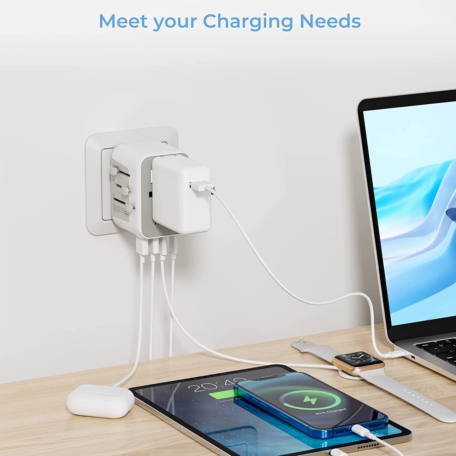 Worldwide Travel Plug Adaptor with 1 AC outlet 5 USB Ports