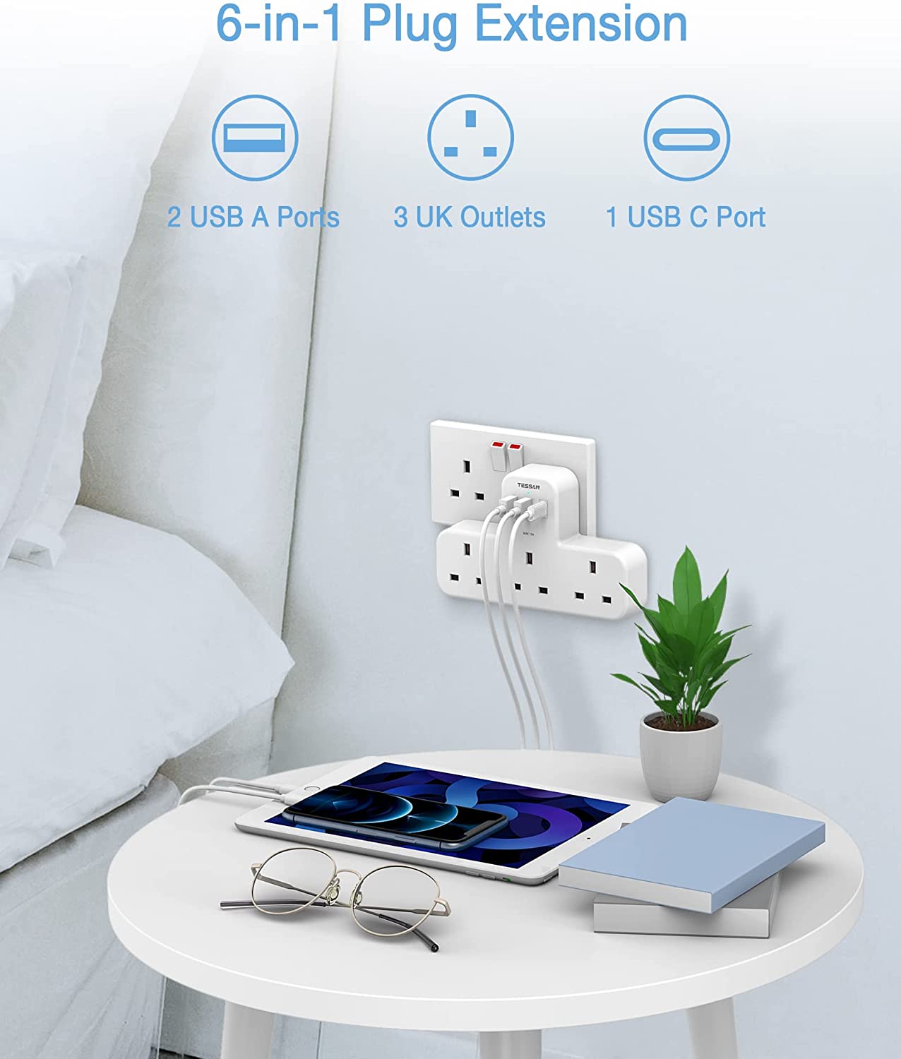 Plug Extension 3 Way Plug Adapter UK with Multi USB Plug