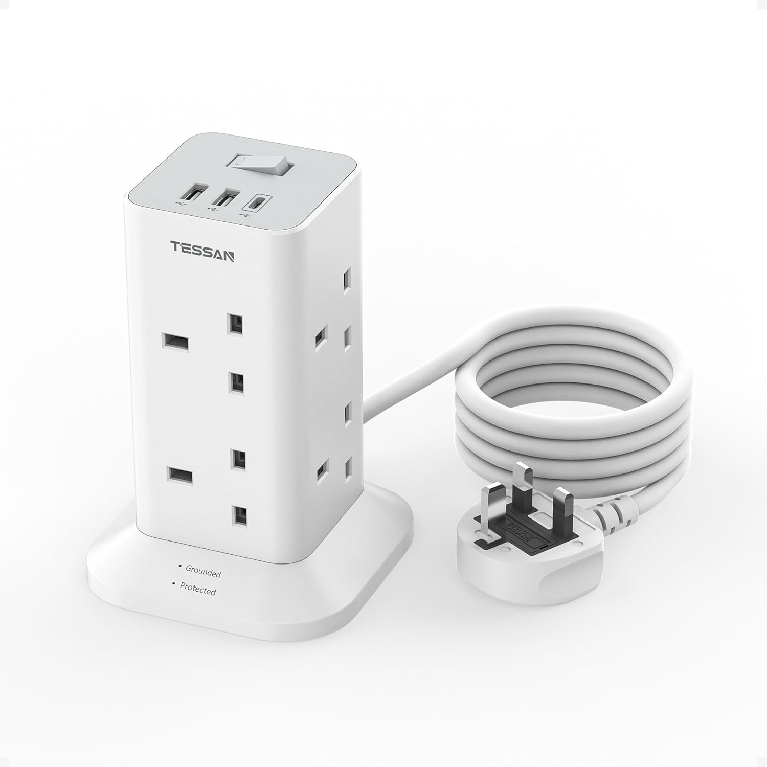TESSAN 8 Way Tower Extension Lead with USB C Slots
