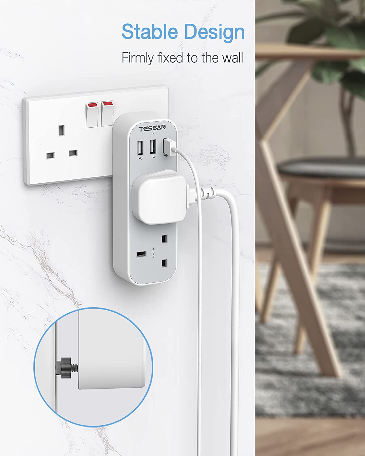 Multi Plug Extension Double Plug Adaptor with 2 Outlets and 3 USB Ports