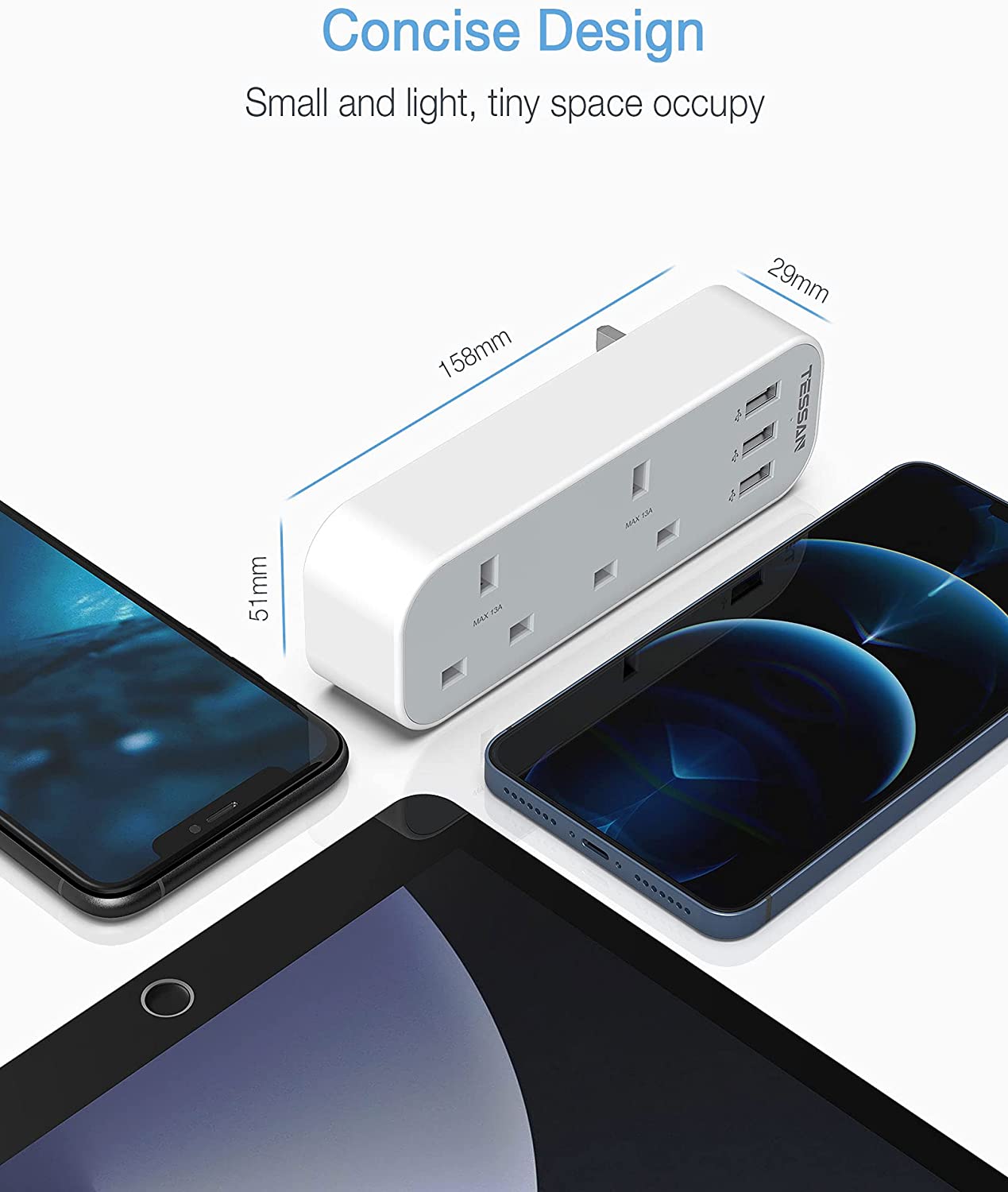 Multi Plug Extension Double Plug Adaptor with 2 Outlets and 3 USB Ports