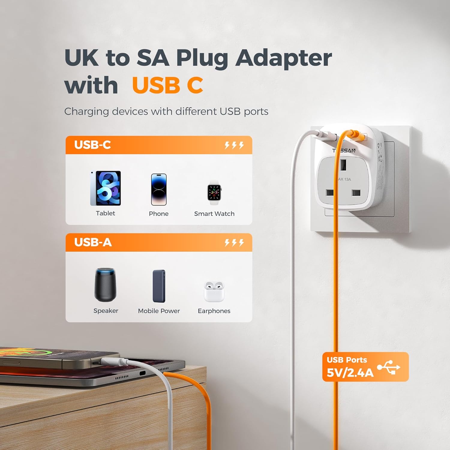 TESSAN UK to South Africa USB Adapter 2-Pack