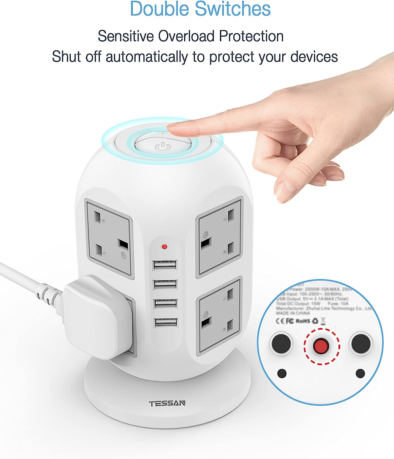 Surge Protector Power Strip Tower 3M Extension Cord With 8 Outlets 4 USB Ports