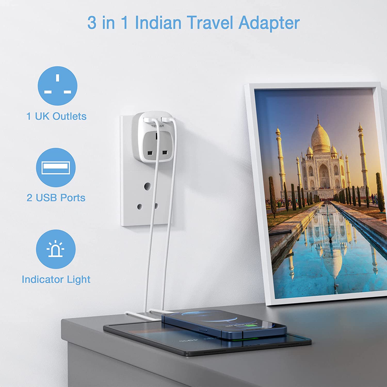 UK to India Travel Adapter 1 outlets and 2 USB ports
