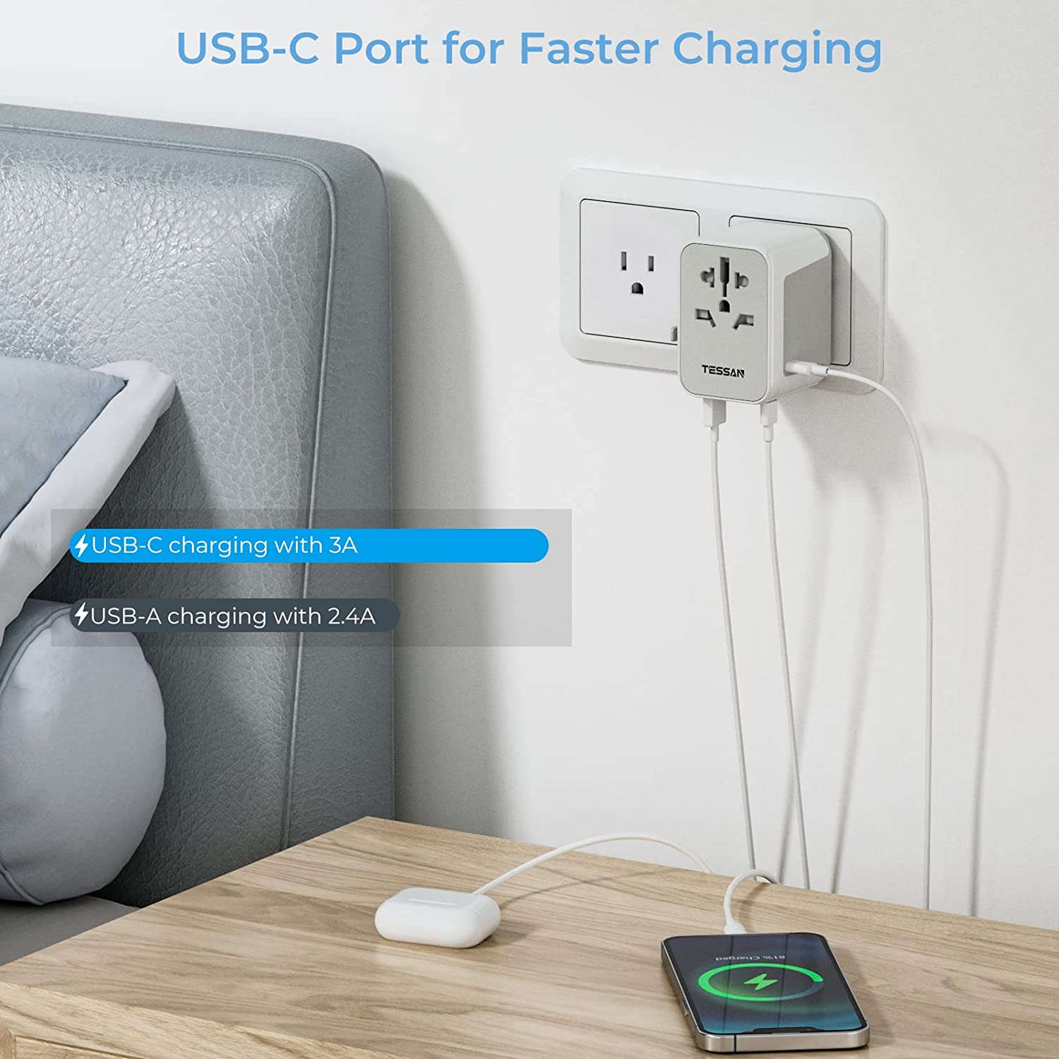Worldwide Travel Plug Adaptor with 1 AC outlet 5 USB Ports