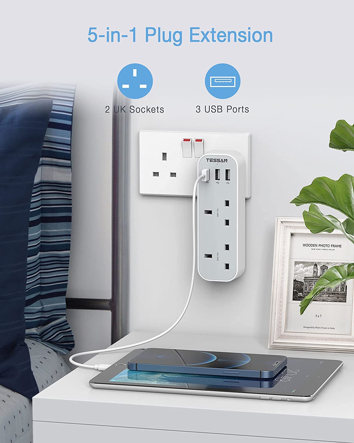 Multi Plug Extension Double Plug Adaptor with 2 Outlets and 3 USB Ports