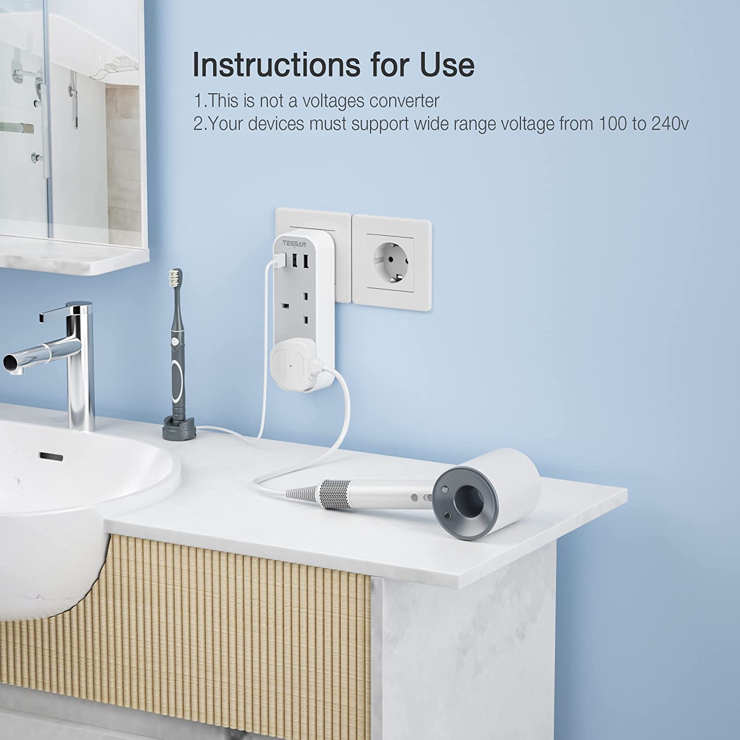 UK to European Plug Adapter with 3 USB 2 AC outlets