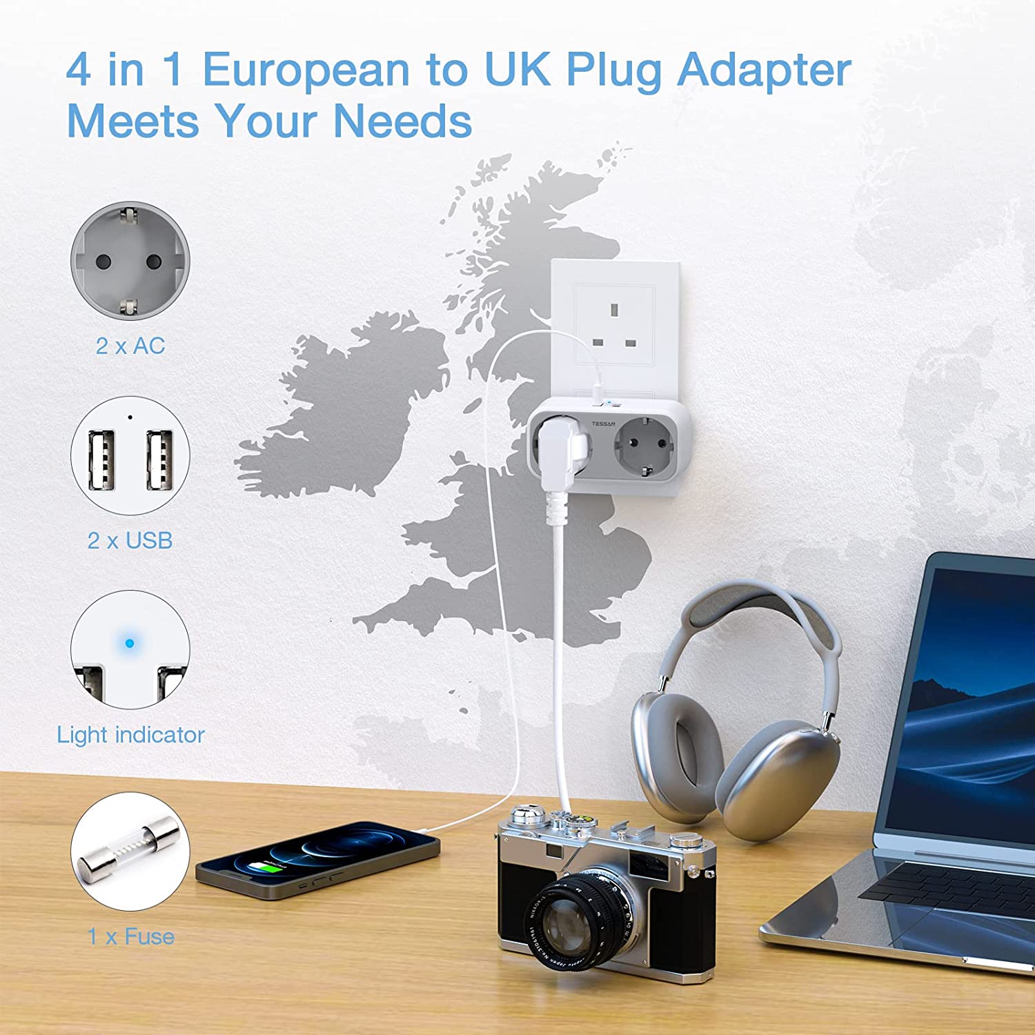 EU to UK Plug Adapter with 2 Outlets 2 USB Ports