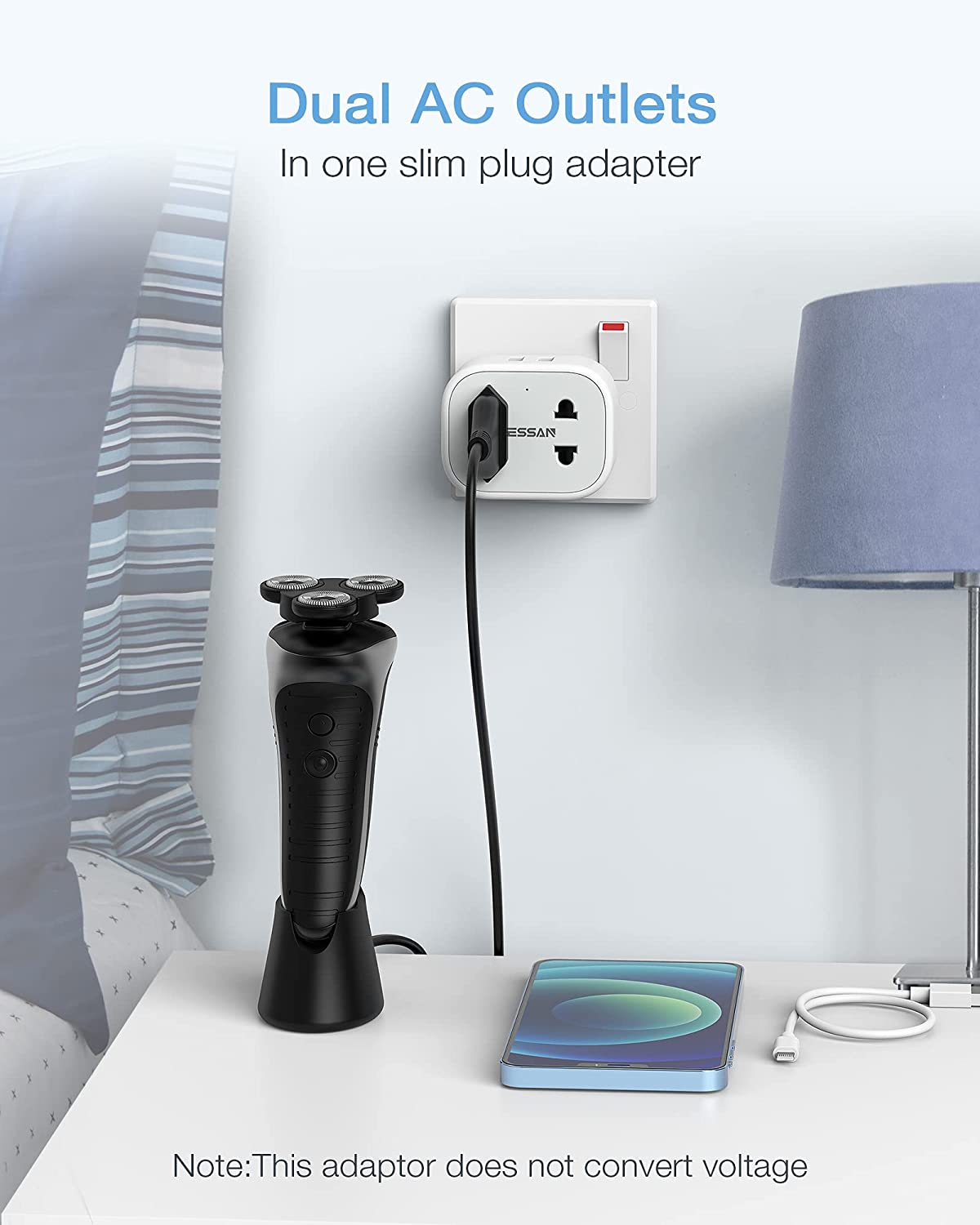 Shaver Charger 2 Pin to 3 Pin Adapter Plug Socket for Bathroom Electric Razor
