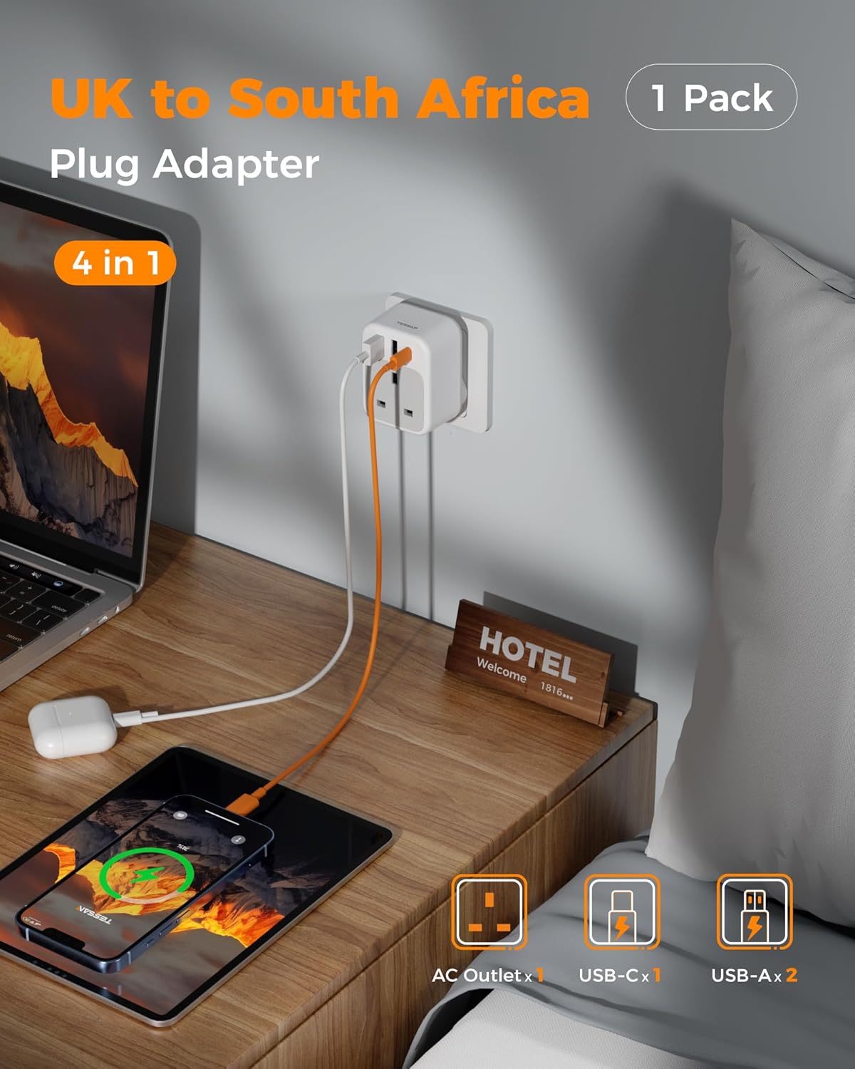 TESSAN 4-Port South Africa Adapter with USB C