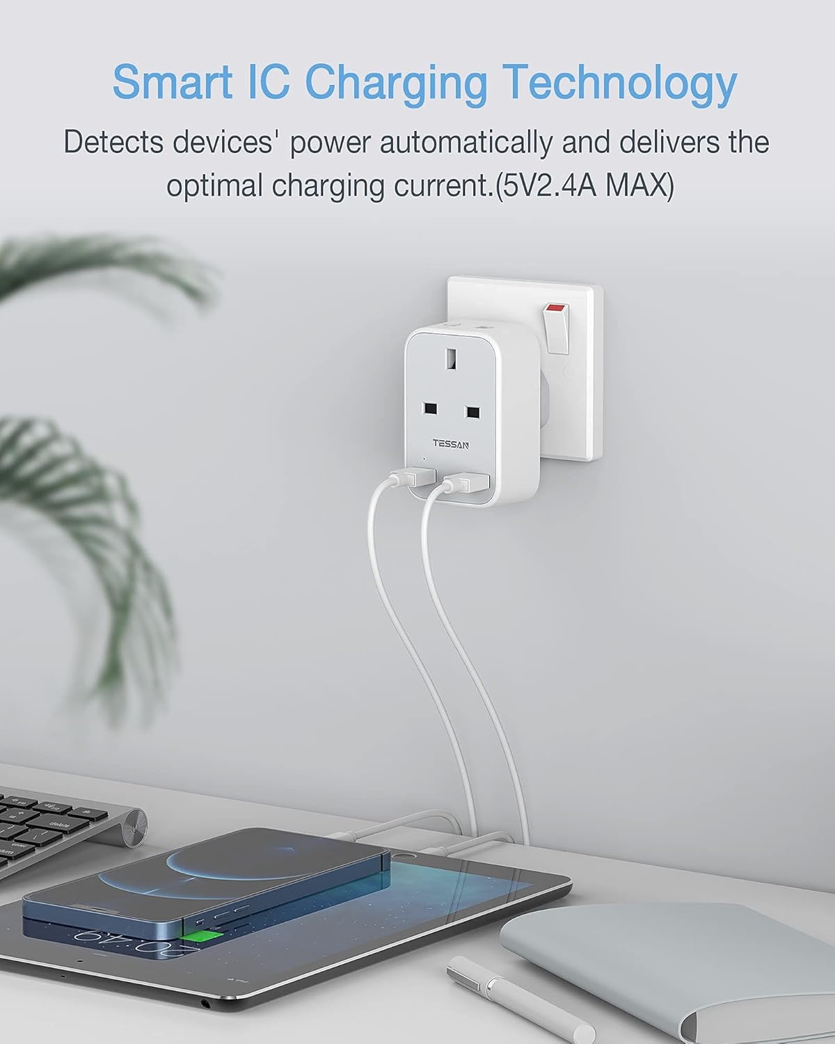 TESSAN 2-Pin Plug Adapter with Dual USB Ports