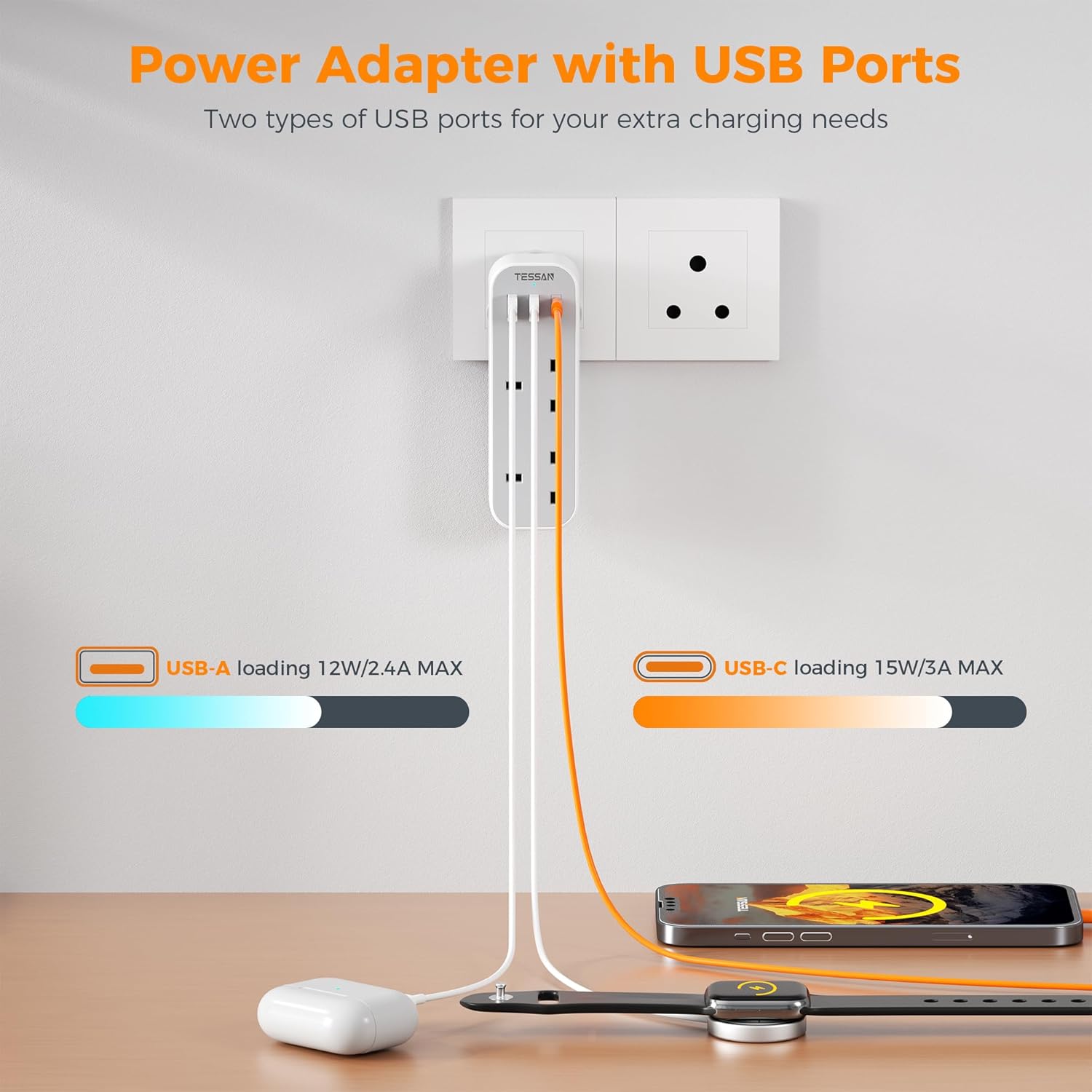 TESSAN 5-Port UK to South Africa Travel Adapter
