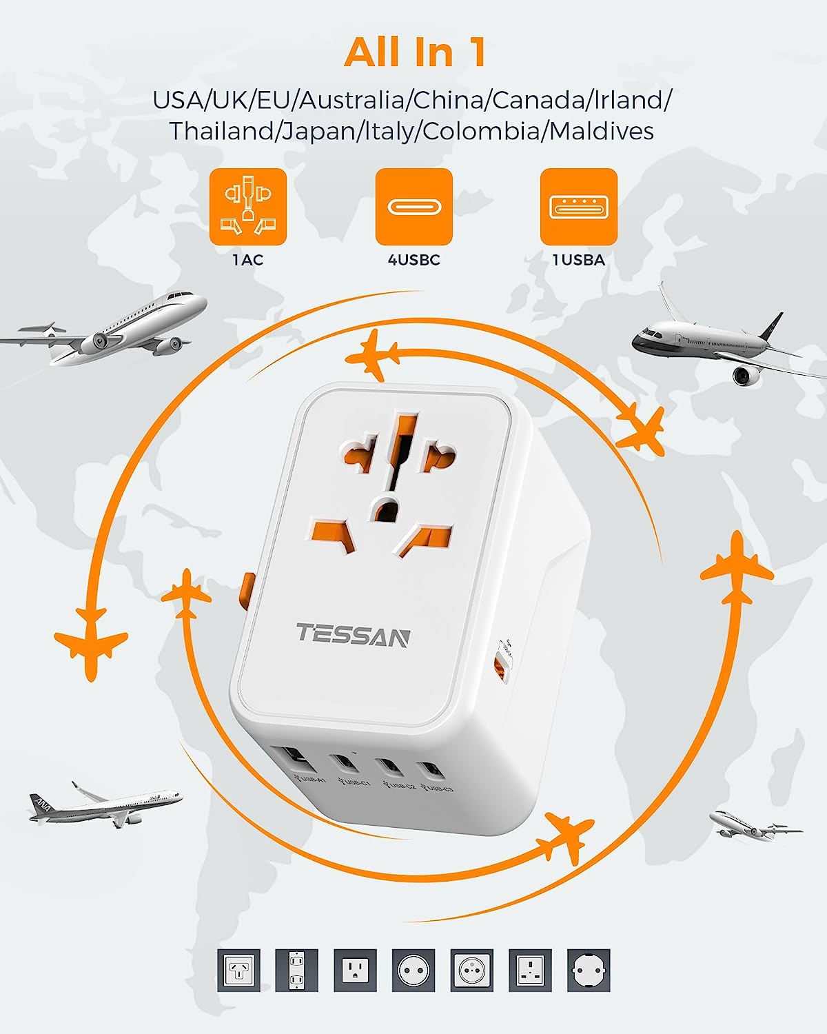 TESSAN 65W PD 5-Port USB Universal Travel Adapter