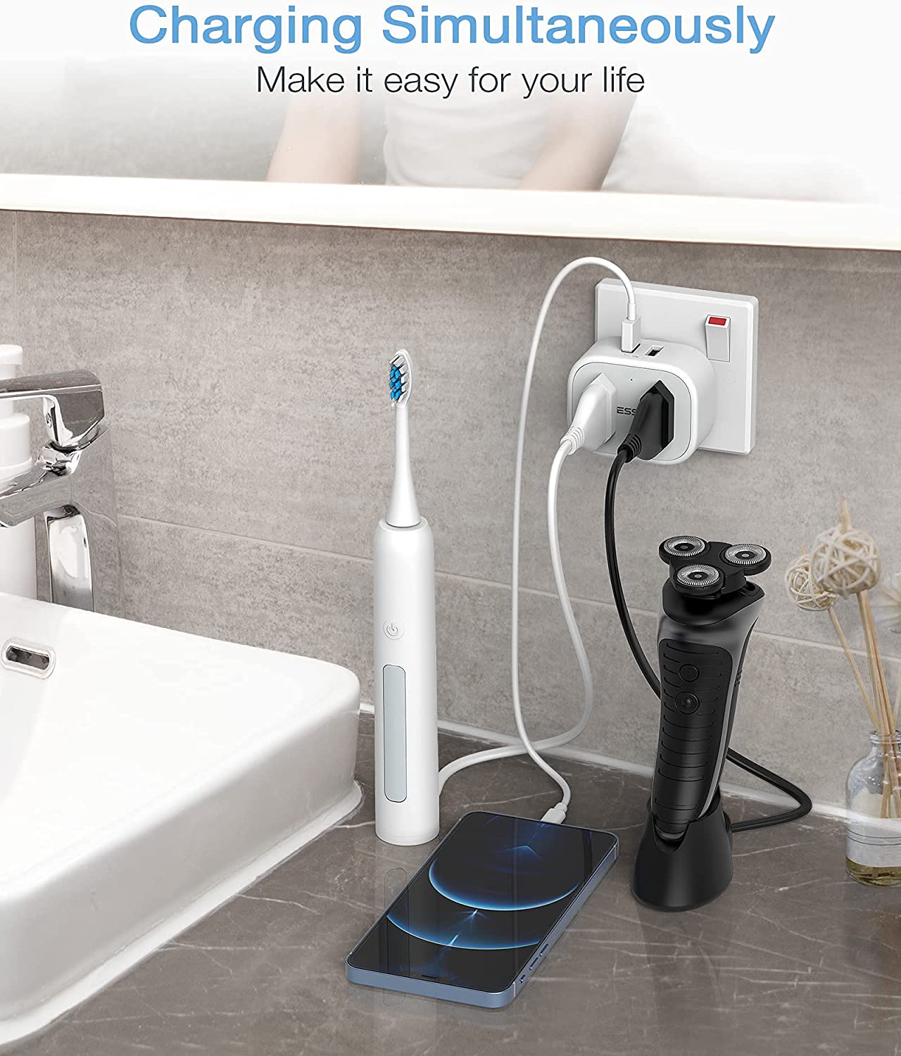 Shaver Charger 2 Pin to 3 Pin Adapter Plug Socket for Bathroom Electric Razor