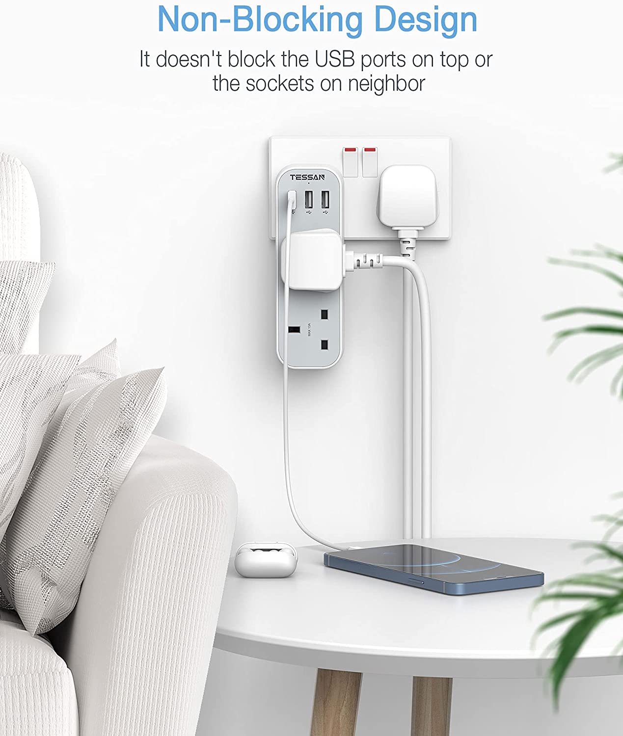 Multi Plug Extension Double Plug Adaptor with 2 Outlets and 3 USB Ports