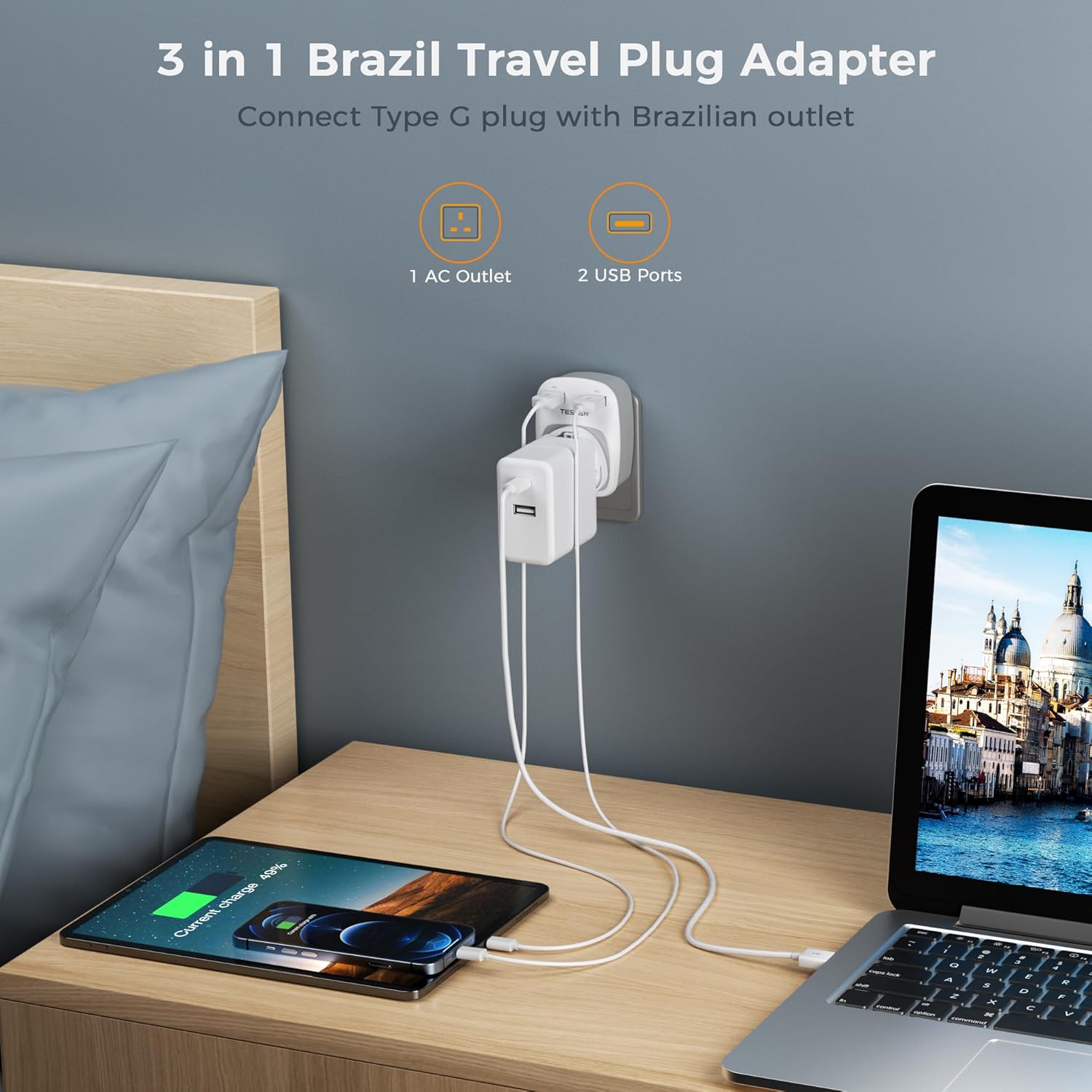 TESSAN UK to Brazilian Power Adaptor Dual USB