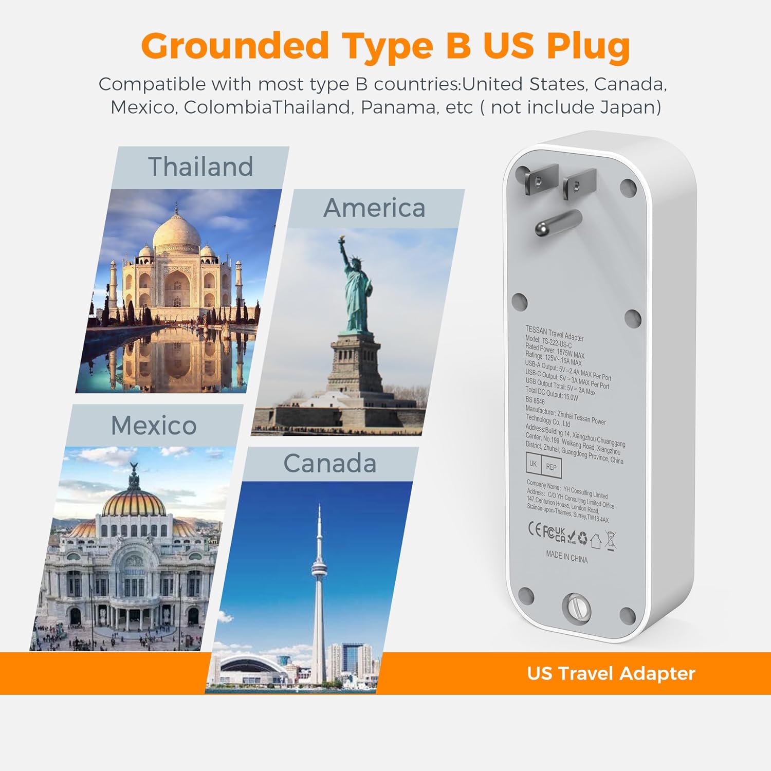 TESSAN 5-Port UK to US Adapter with USB-C