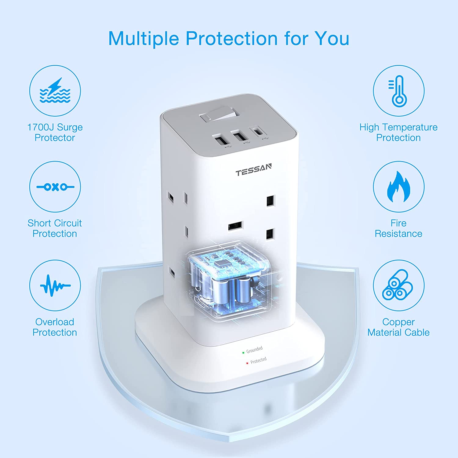 Power Strip Tower 8 Way Multi Plug Extension Sockets 2M Cord