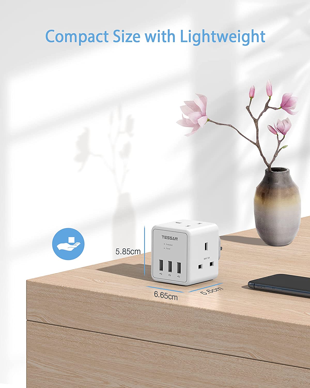 Surge Protected Plug Extension with 2 AC outlets 3 USB ports