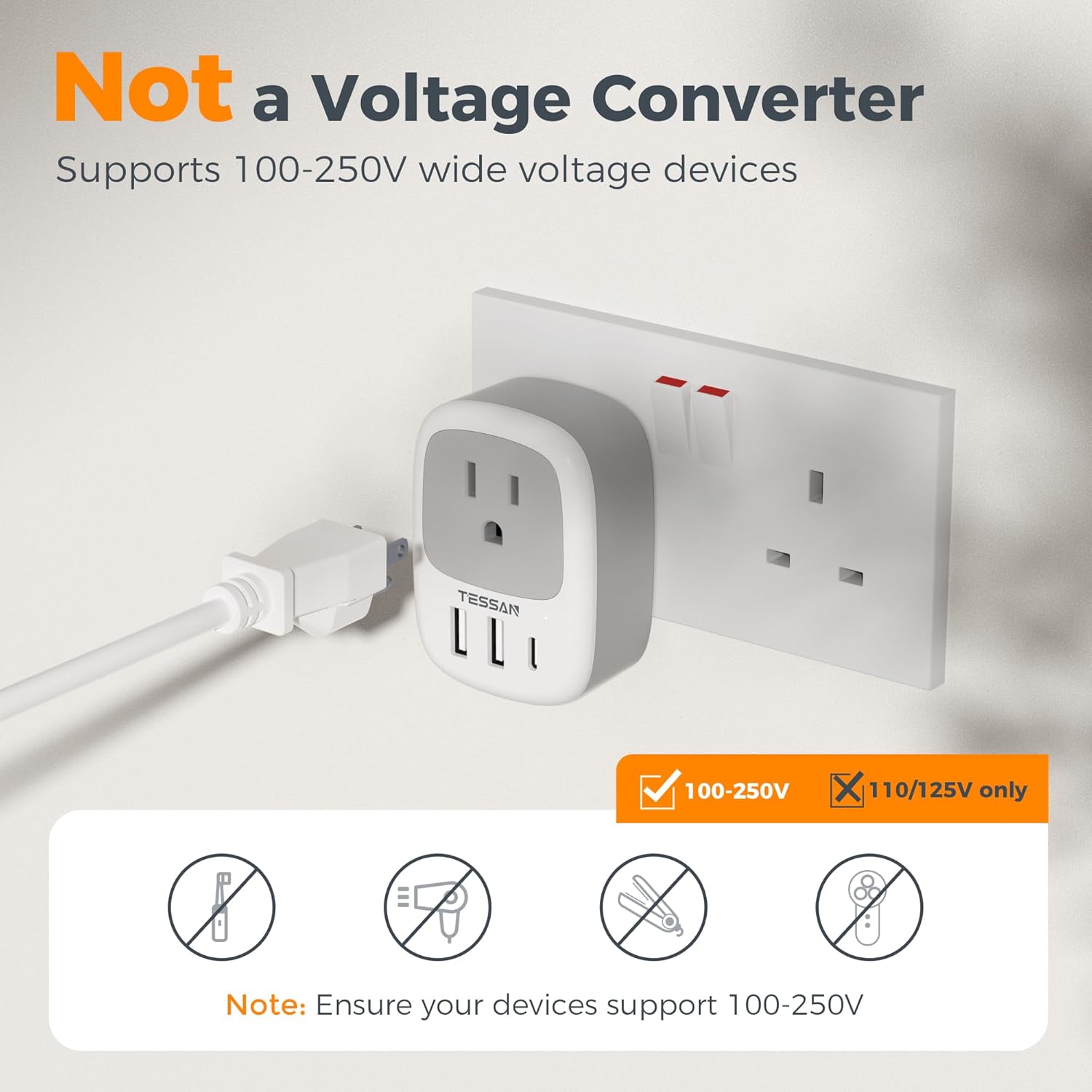 TESSAN 4-in-1 US to UK Adapter with USB-C