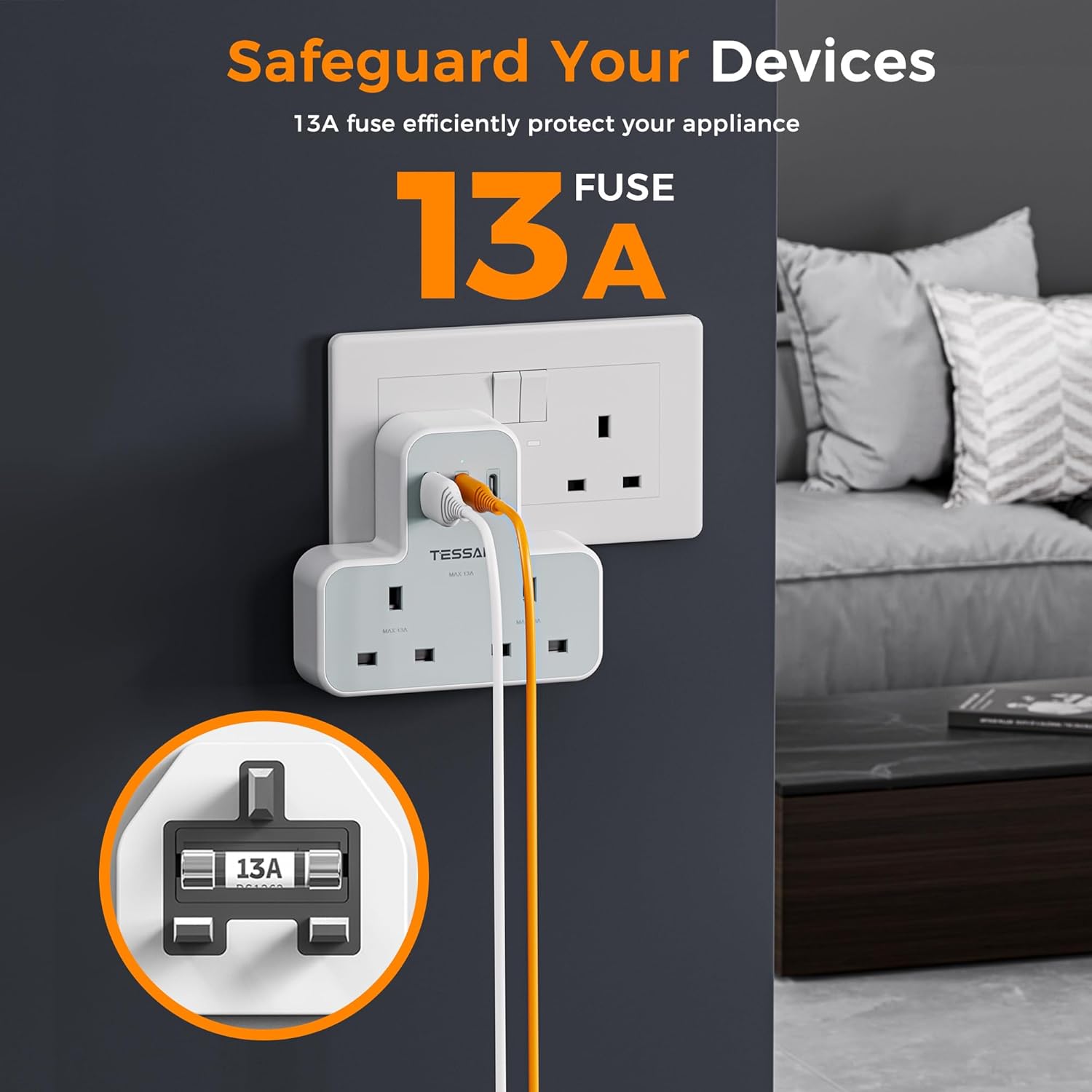 TESSAN Double Plug Extension Socket with Fast Charger