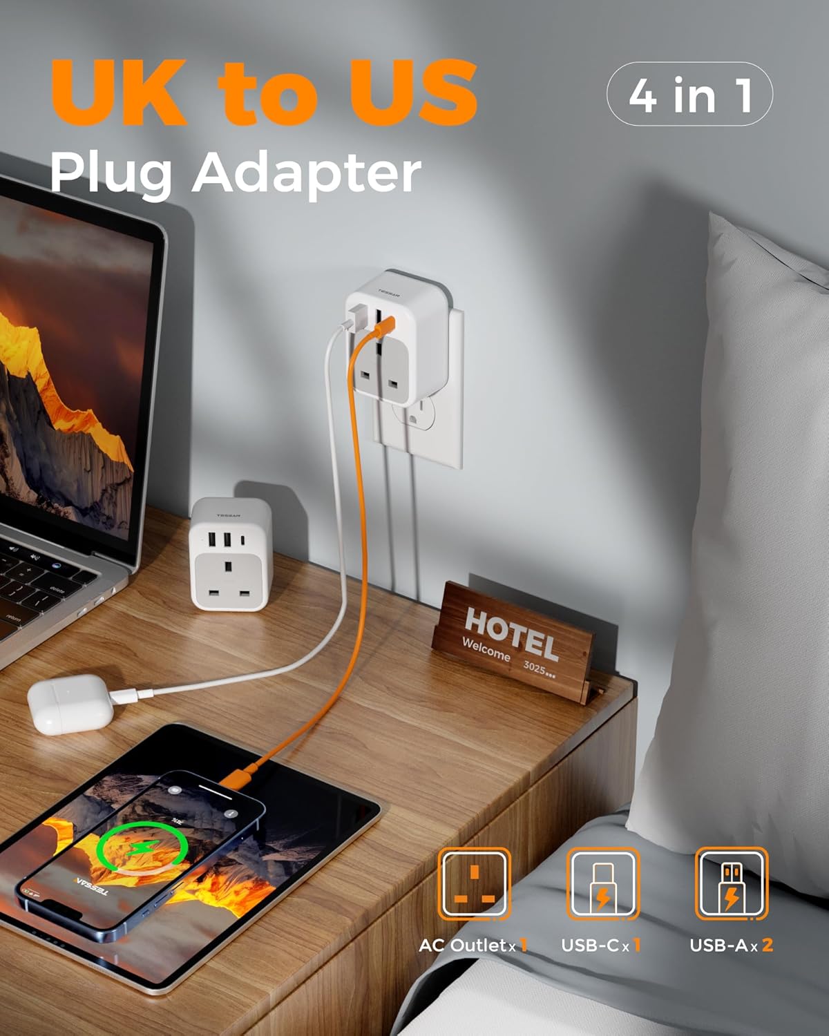 TESSAN 4-in-1 UK to US USB-C Adapter 2-Pack