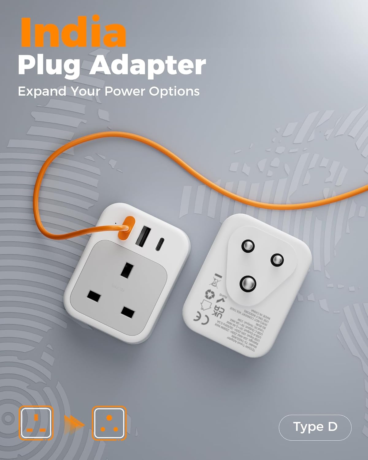 TESSAN 4-in-1 UK to India USB-C Adapter