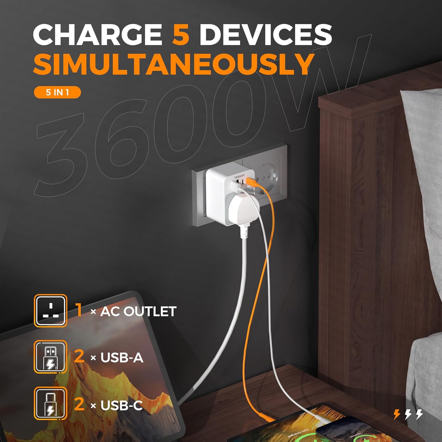 TESSAN UK to European Plug Adapter with USB Ports