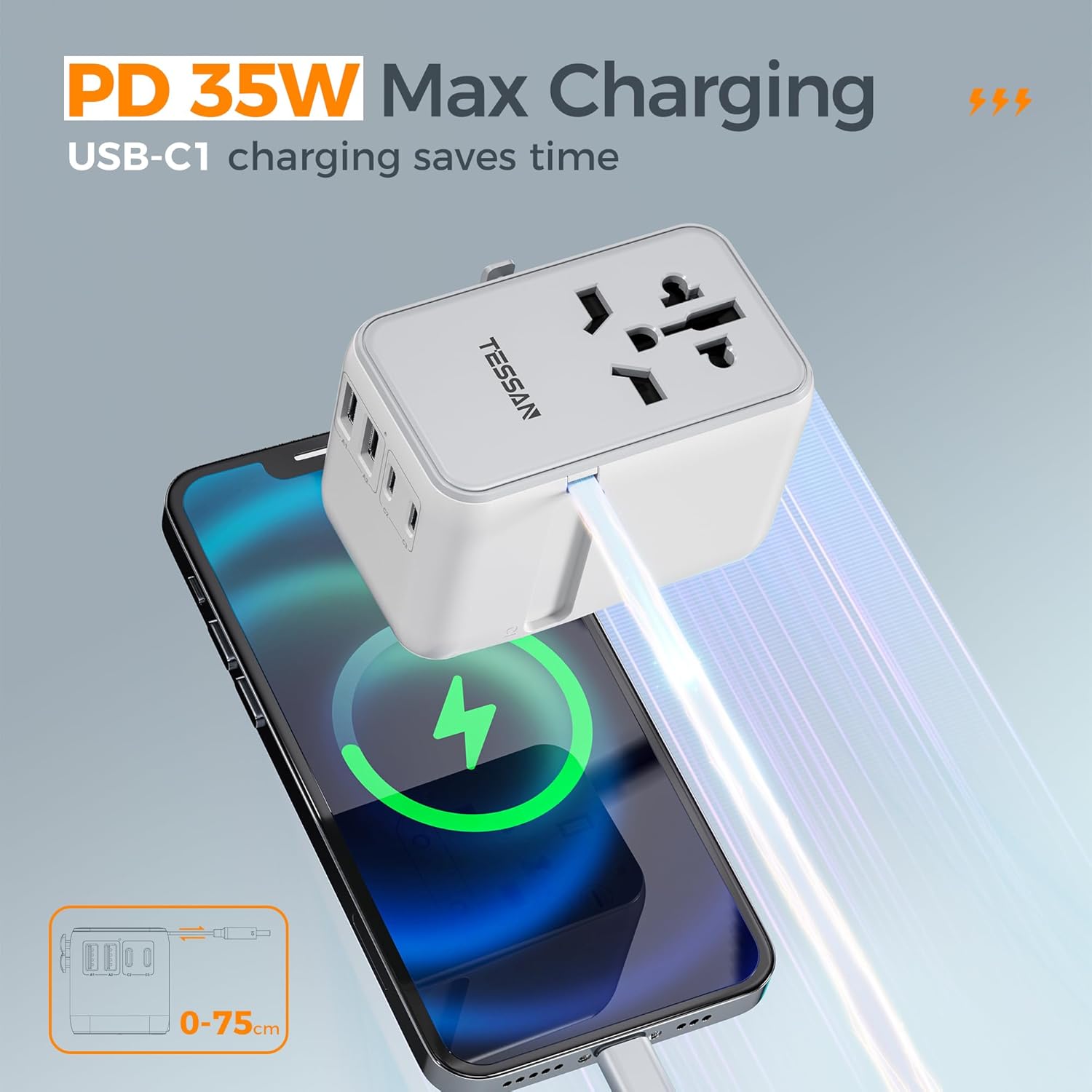 TESSAN 35W Universal Travel Adapter with Built-in Cable