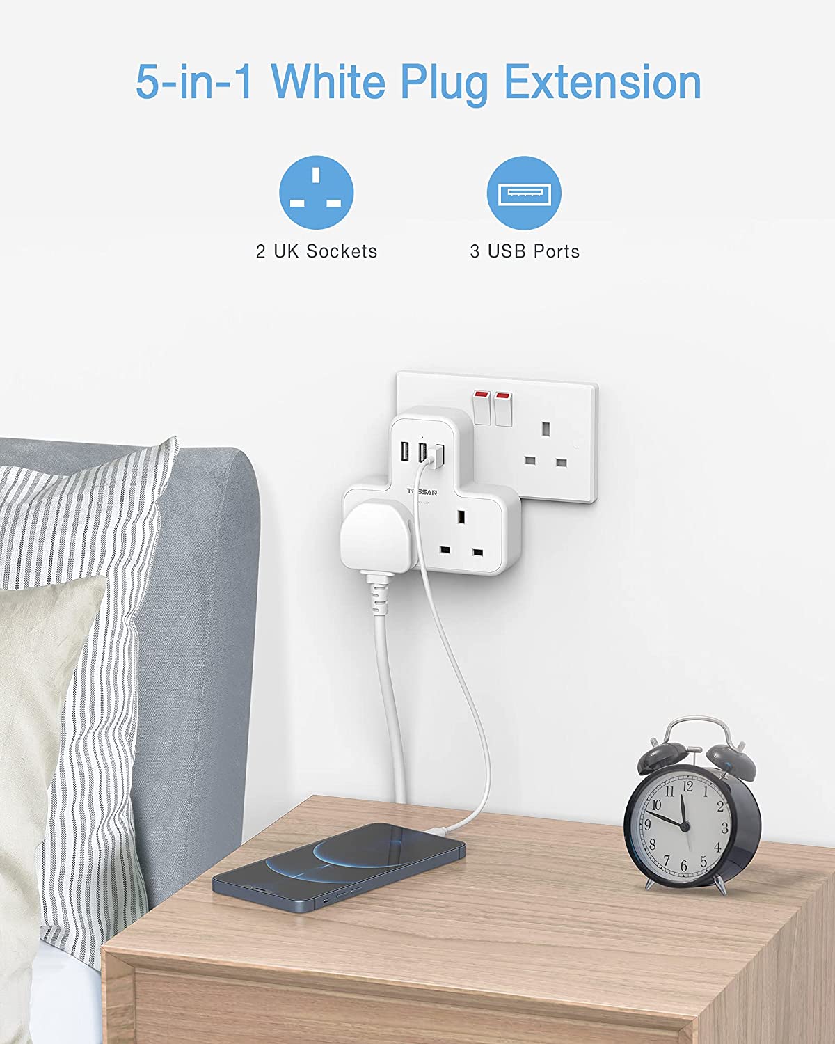 Multi Plug Extension 2 Way Plug Adapter 3 USB ports