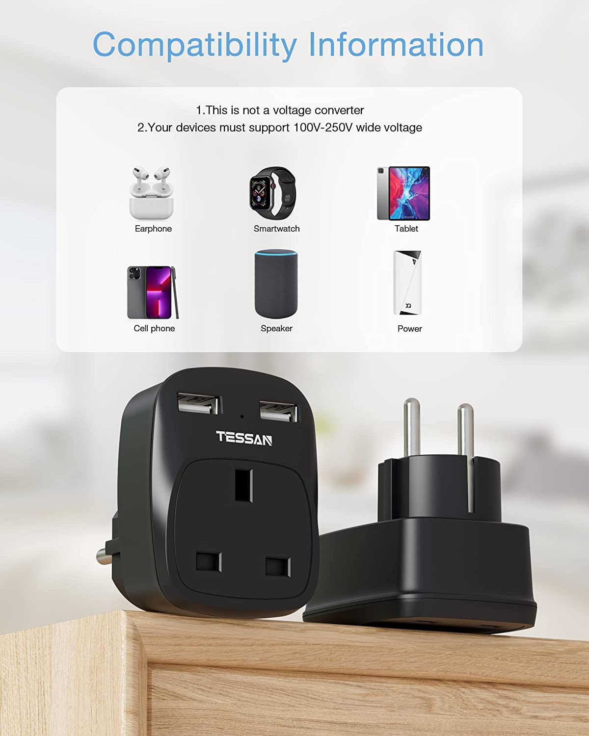 UK To European Travel Adapter with 2 USB Ports