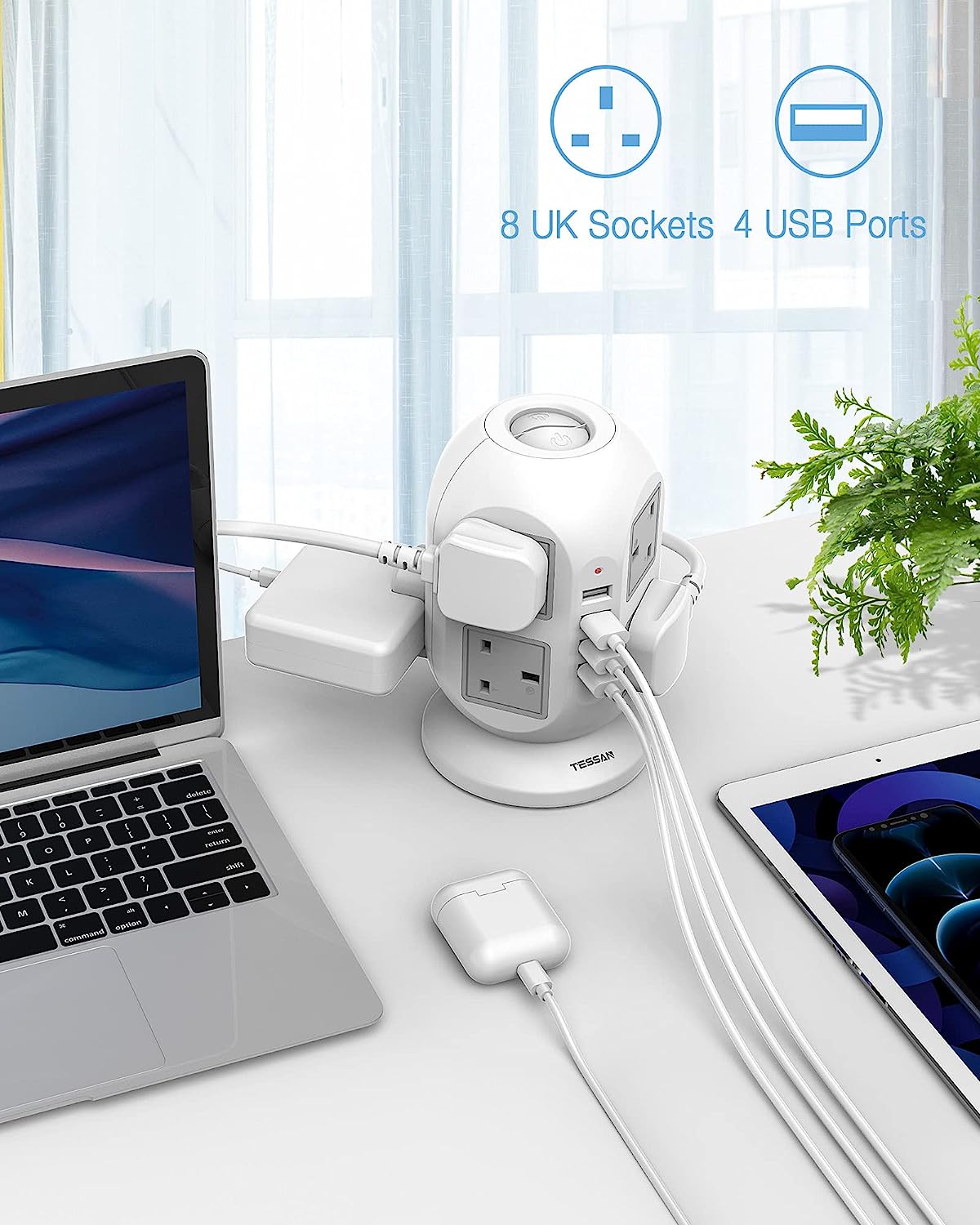Surge Protector Power Strip Tower 3M Extension Cord With 8 Outlets 4 USB Ports